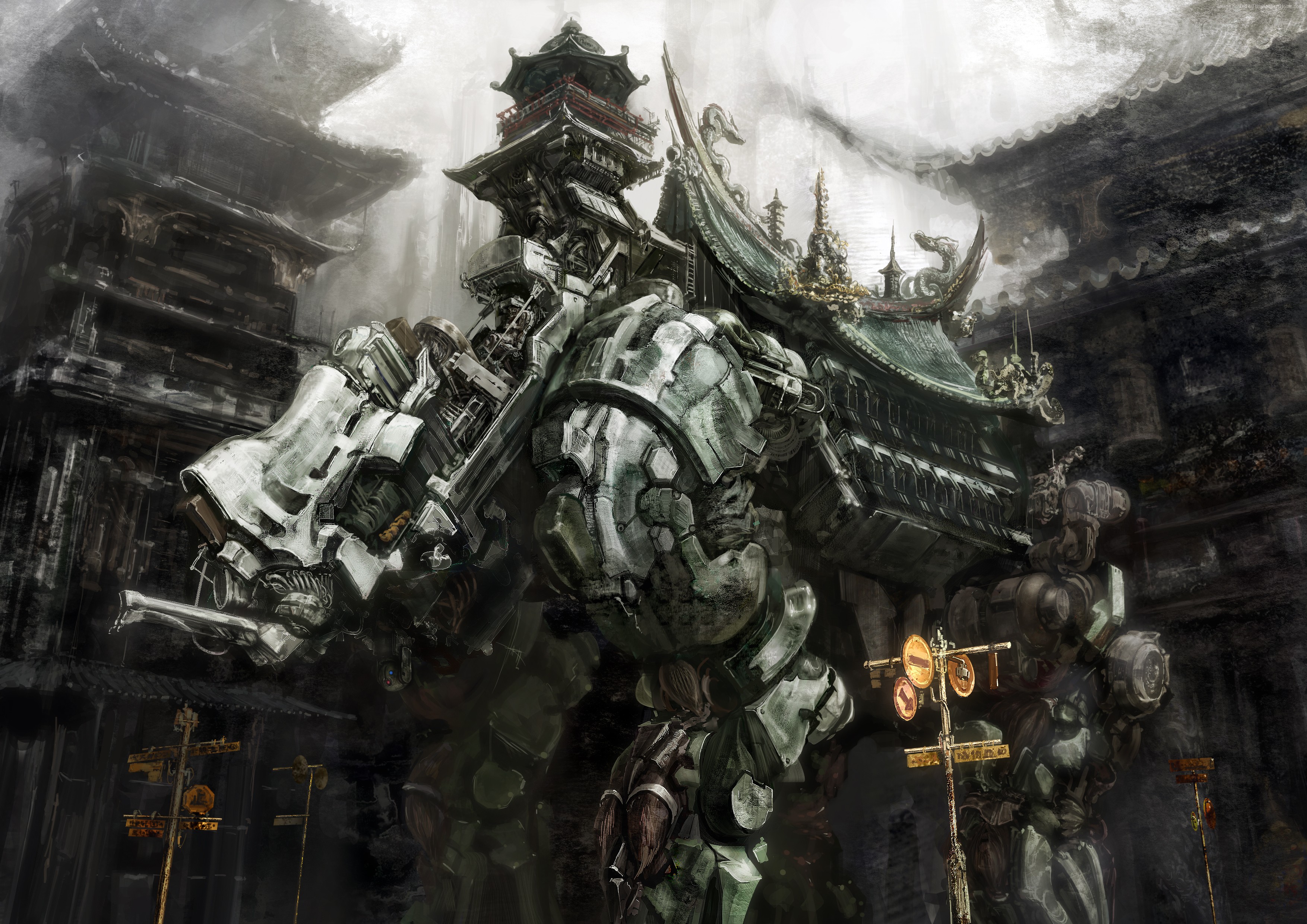 Futuristic mecha with pagoda in a grey city HD Wallpaper
