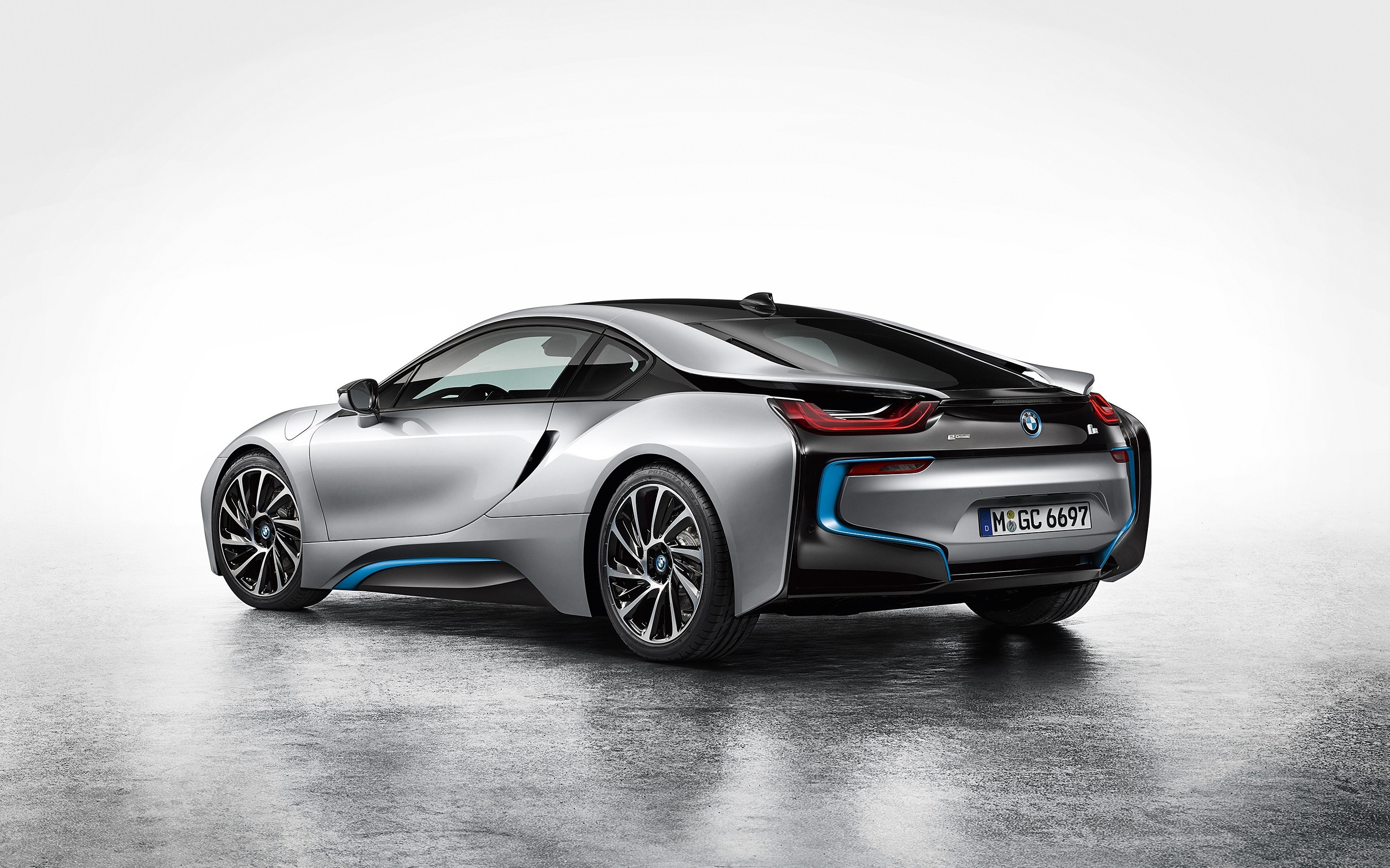Silver BMW i8 sports car from rear HD Wallpaper