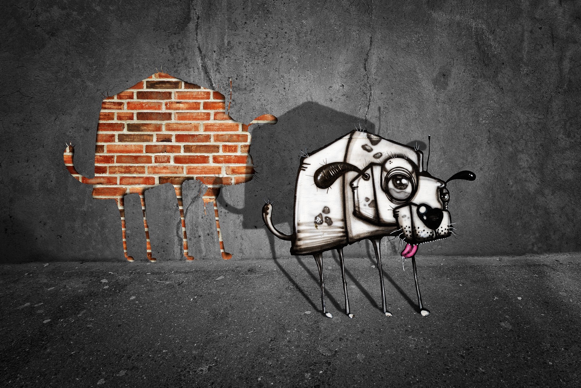 Graffiti dog with brick wall hole HD Wallpaper