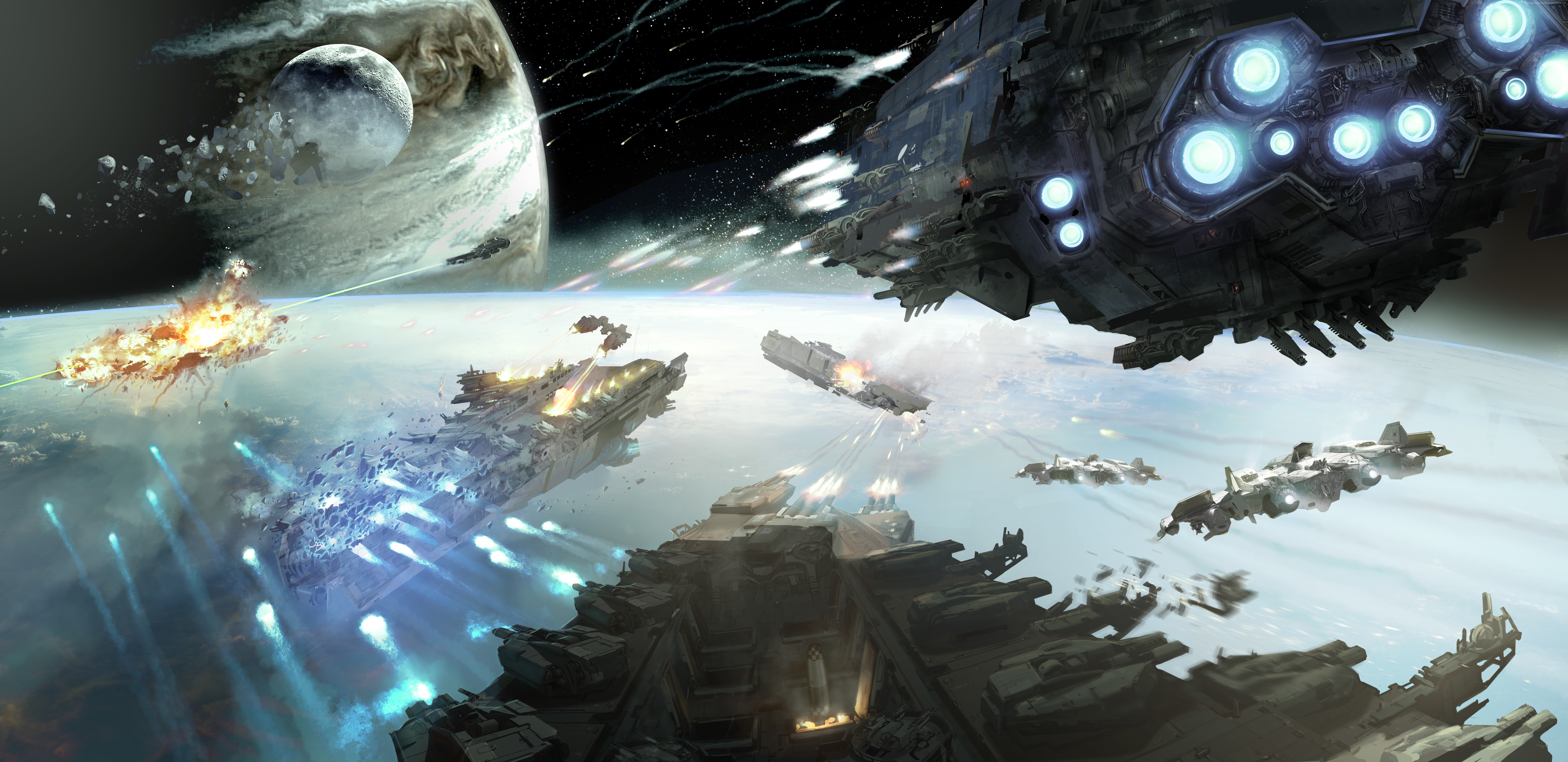 Space battle with fleets above a planet HD Wallpaper