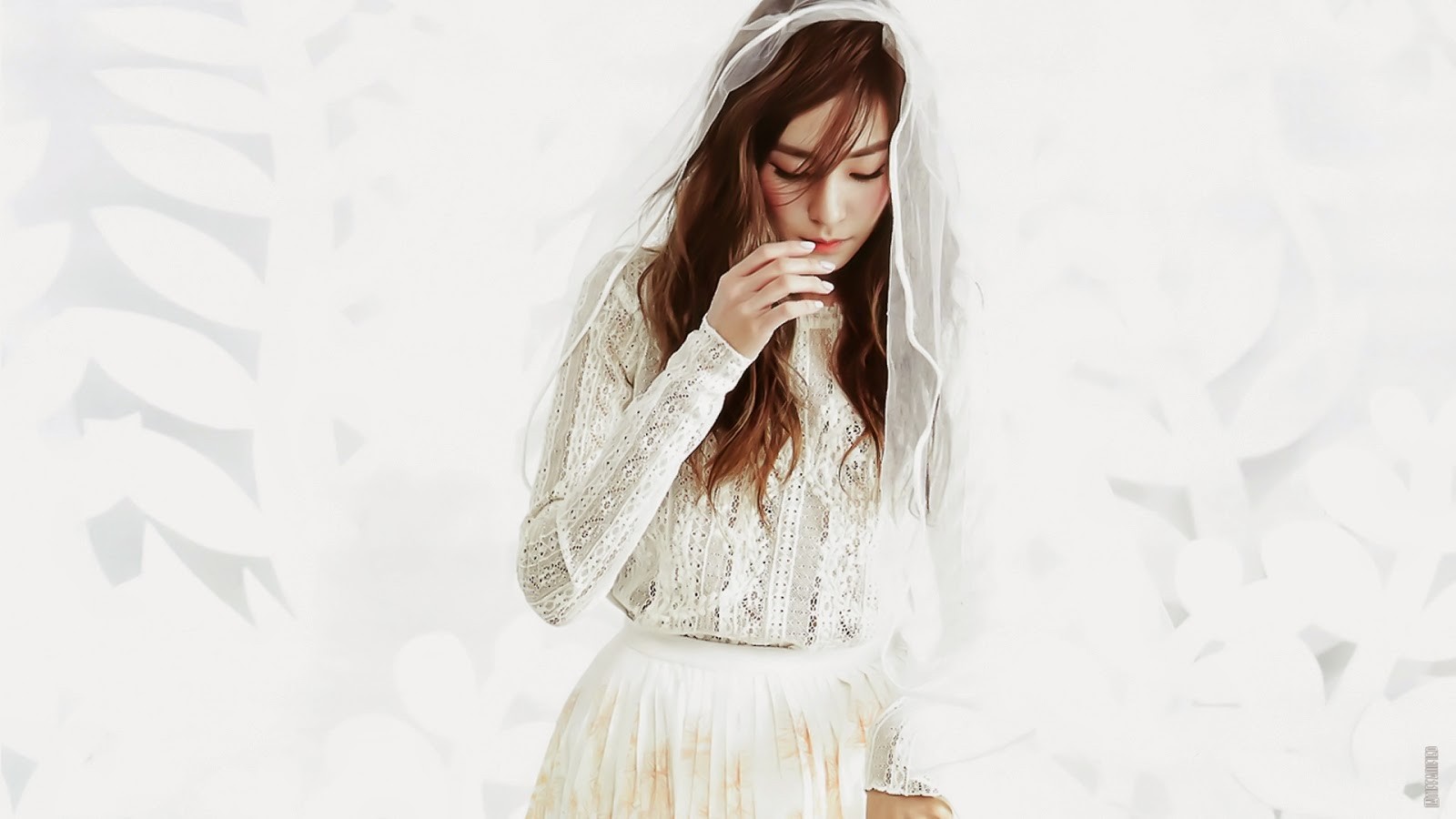 Asian woman with long brown hair wearing a white lace top and skirt HD Wallpaper