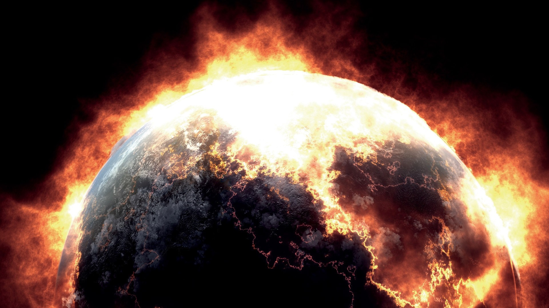Planet engulfed in flames and explosion HD Wallpaper