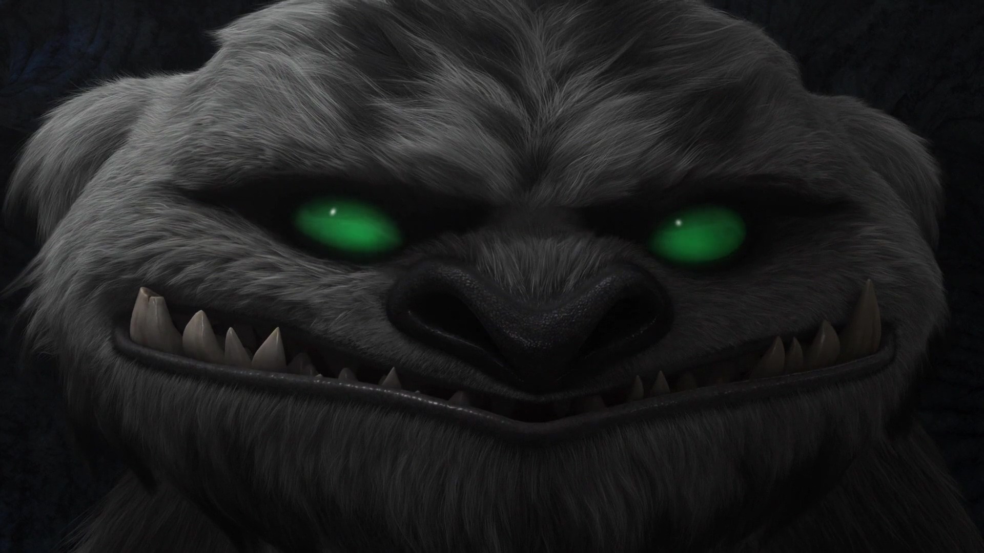 Furry creature with glowing green eyes and sharp teeth HD Wallpaper