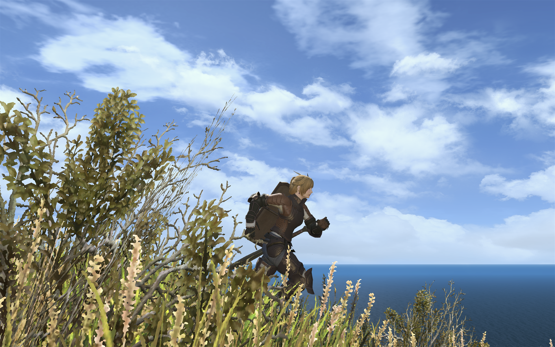 Man running on a cliff overlooking the ocean in Final Fantasy XIV HD Wallpaper