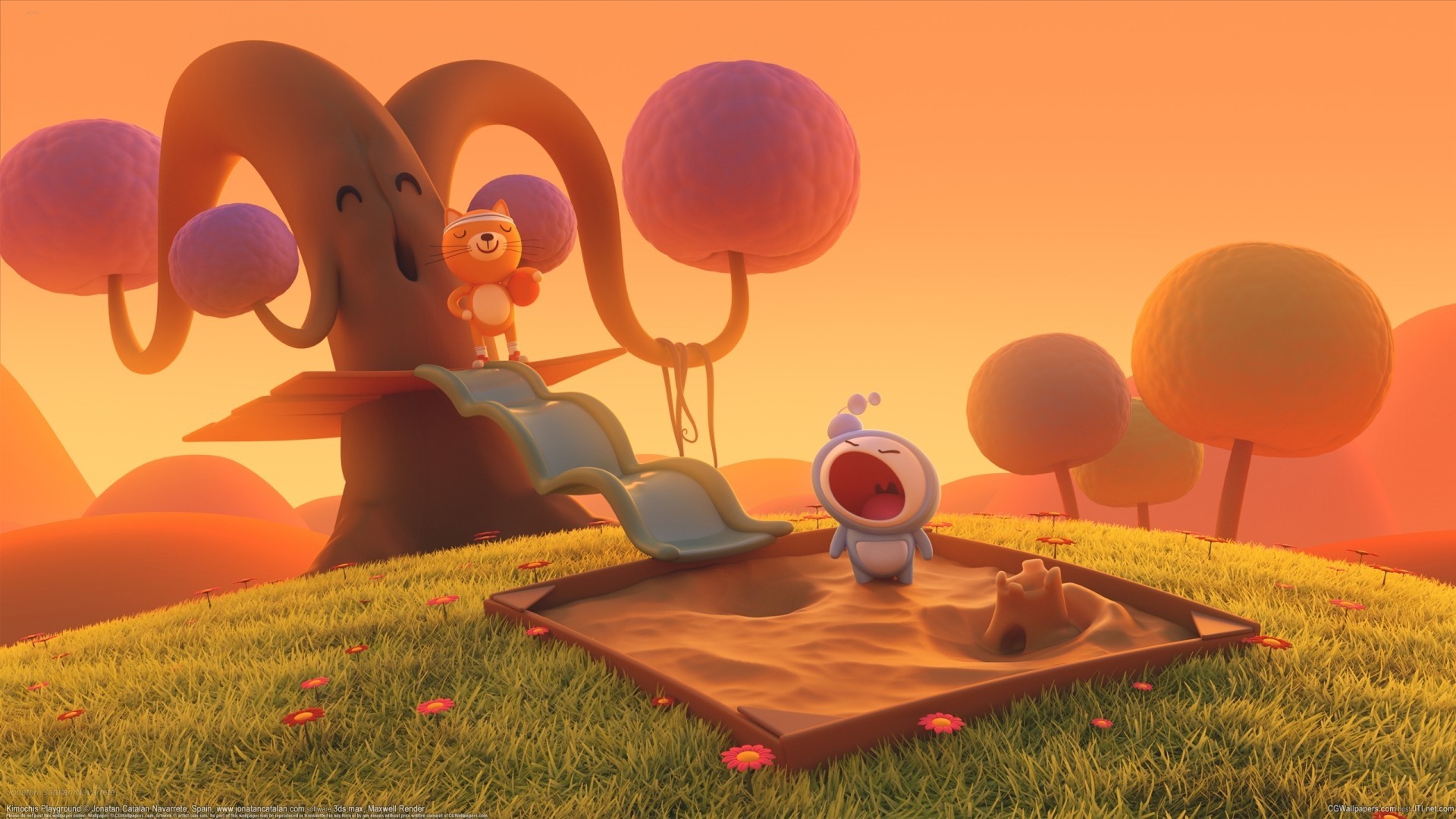 Cartoon characters playing in a sandbox and on a slide HD Wallpaper