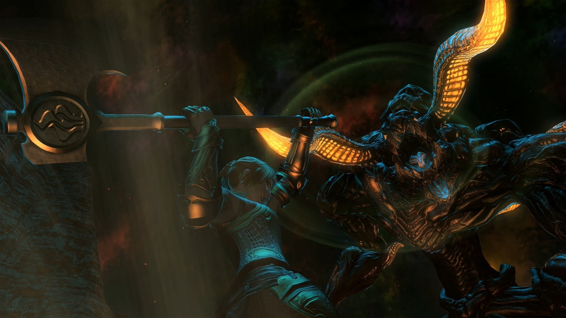 Warrior fighting a monster in Final Fantasy XIV HD Wallpaper