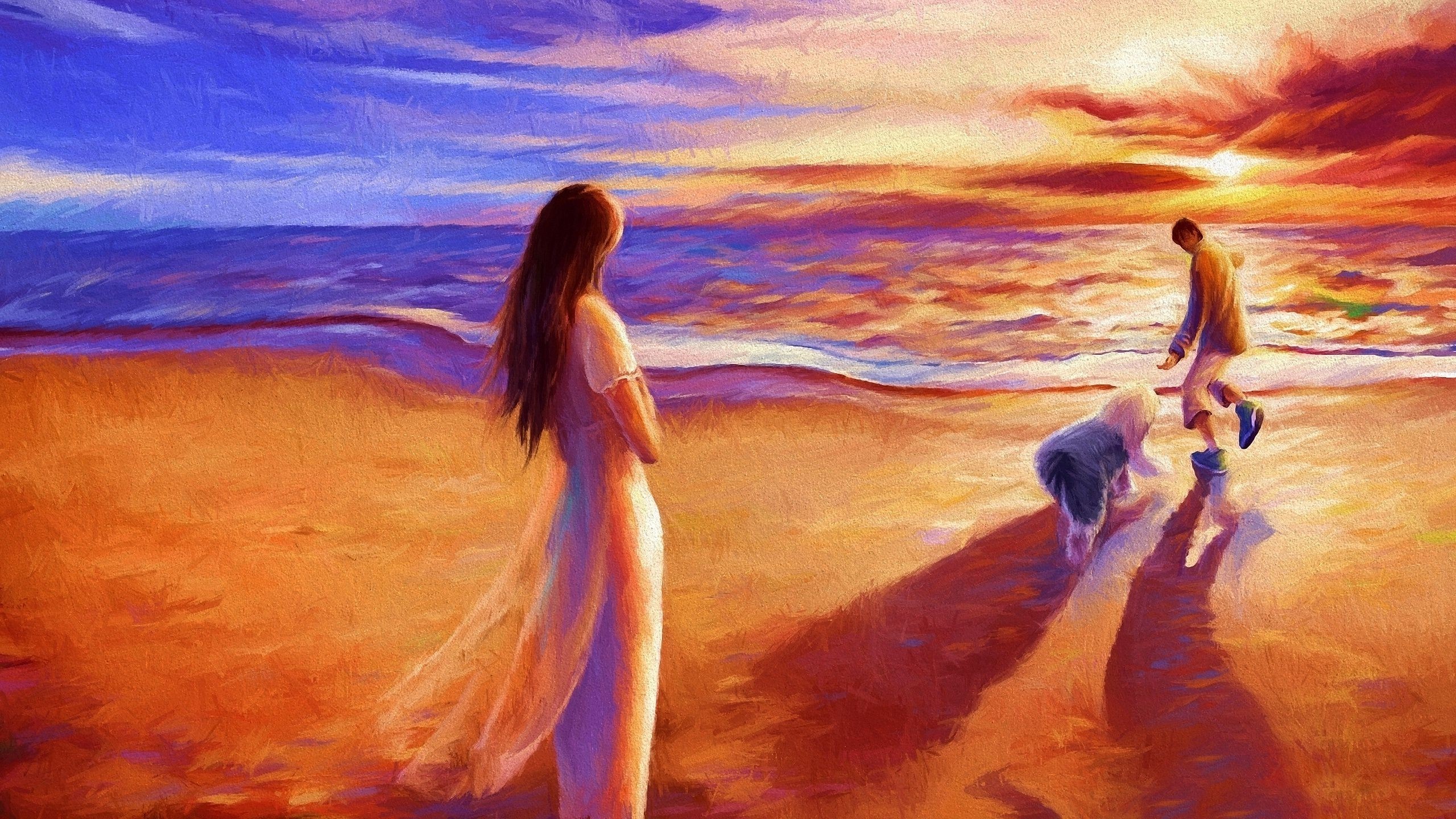 Painting of a woman and child on a beach at sunset HD Wallpaper