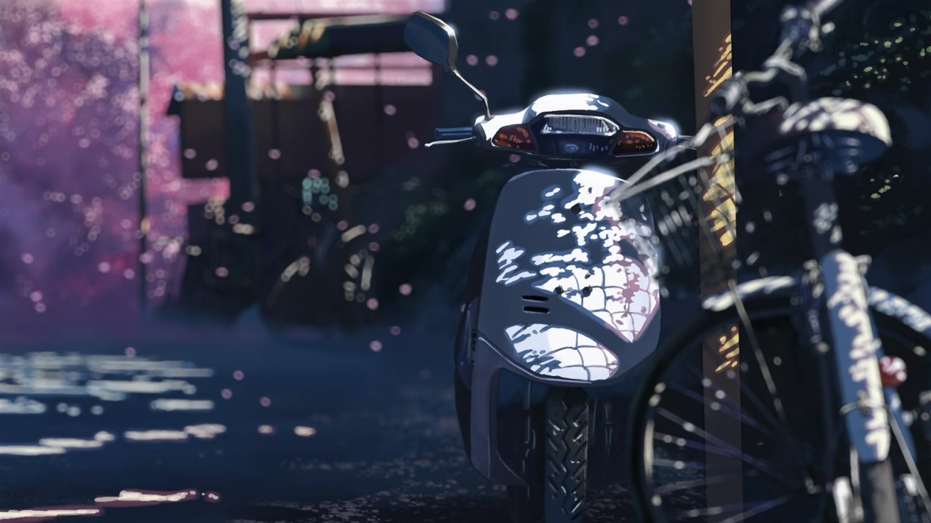 Motorcycle and bicycle with dappled sunlight HD Wallpaper
