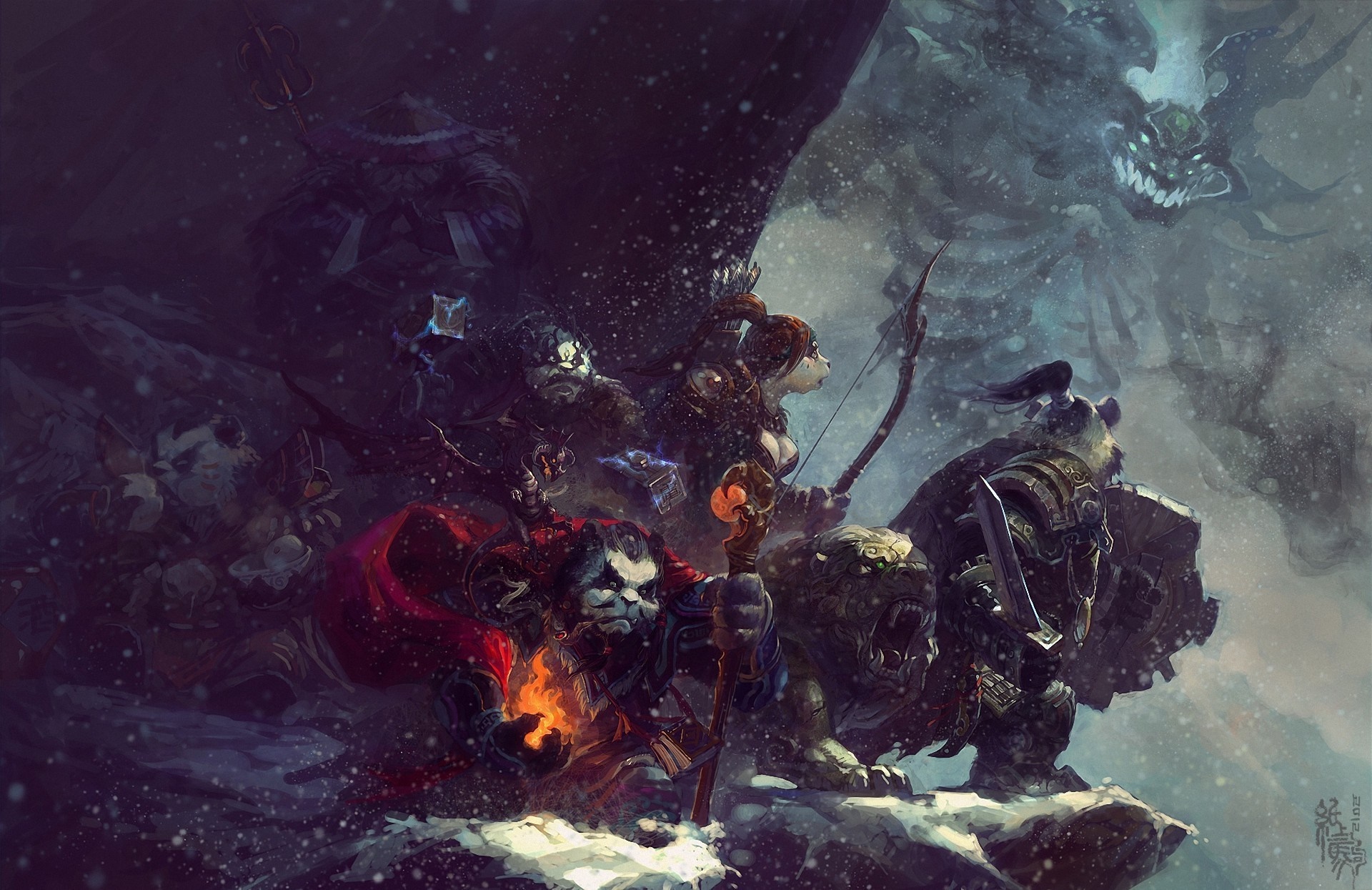 World of Warcraft characters facing a monstrous creature HD Wallpaper