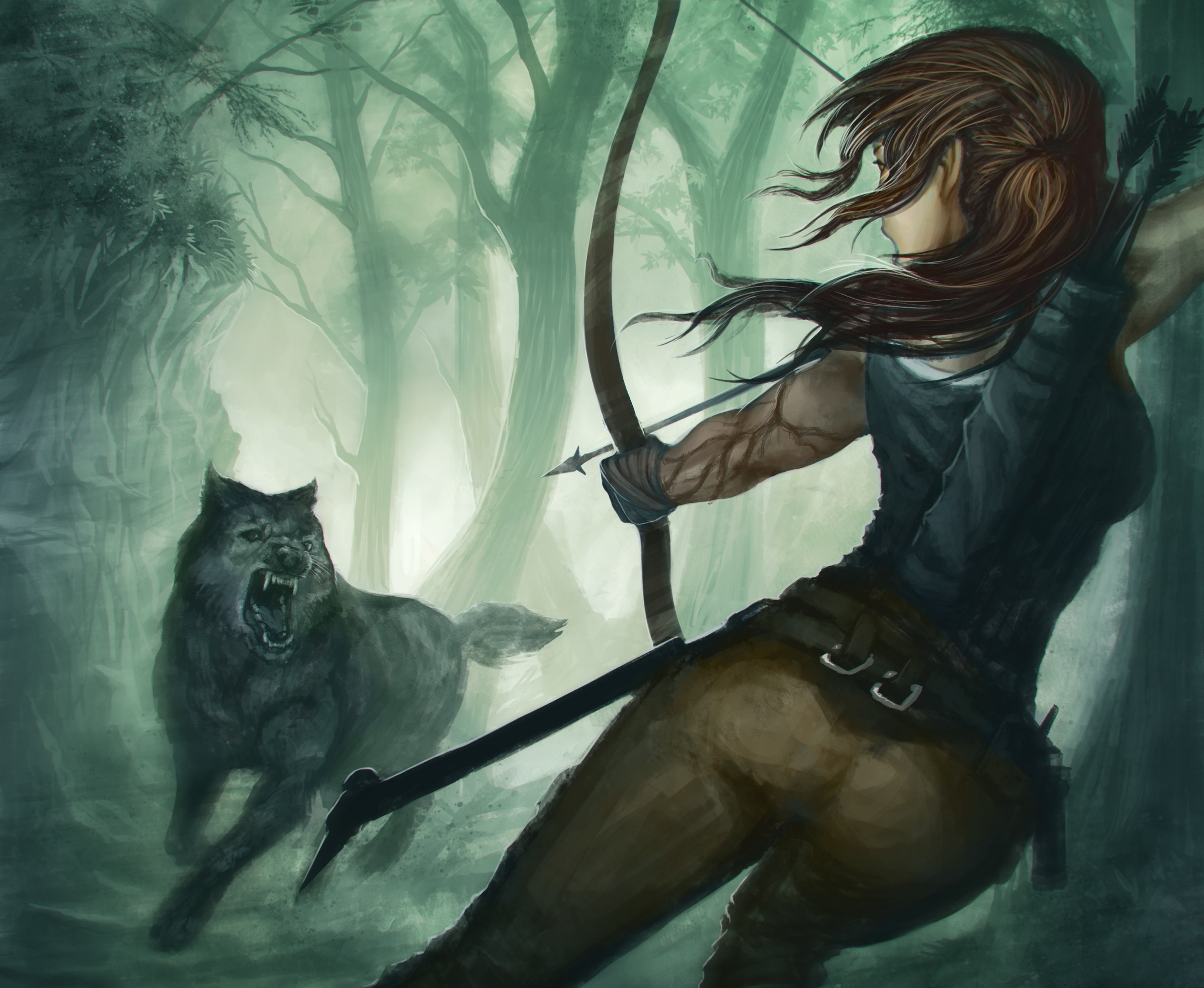 Lara Croft from Tomb Raider fighting a wolf with a bow HD Wallpaper