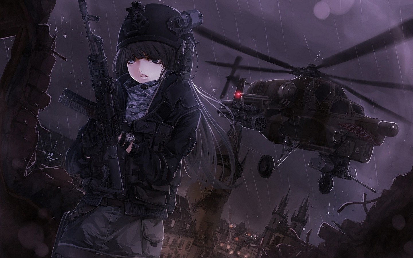 Anime girl in tactical gear with assault rifle and helicopter HD Wallpaper