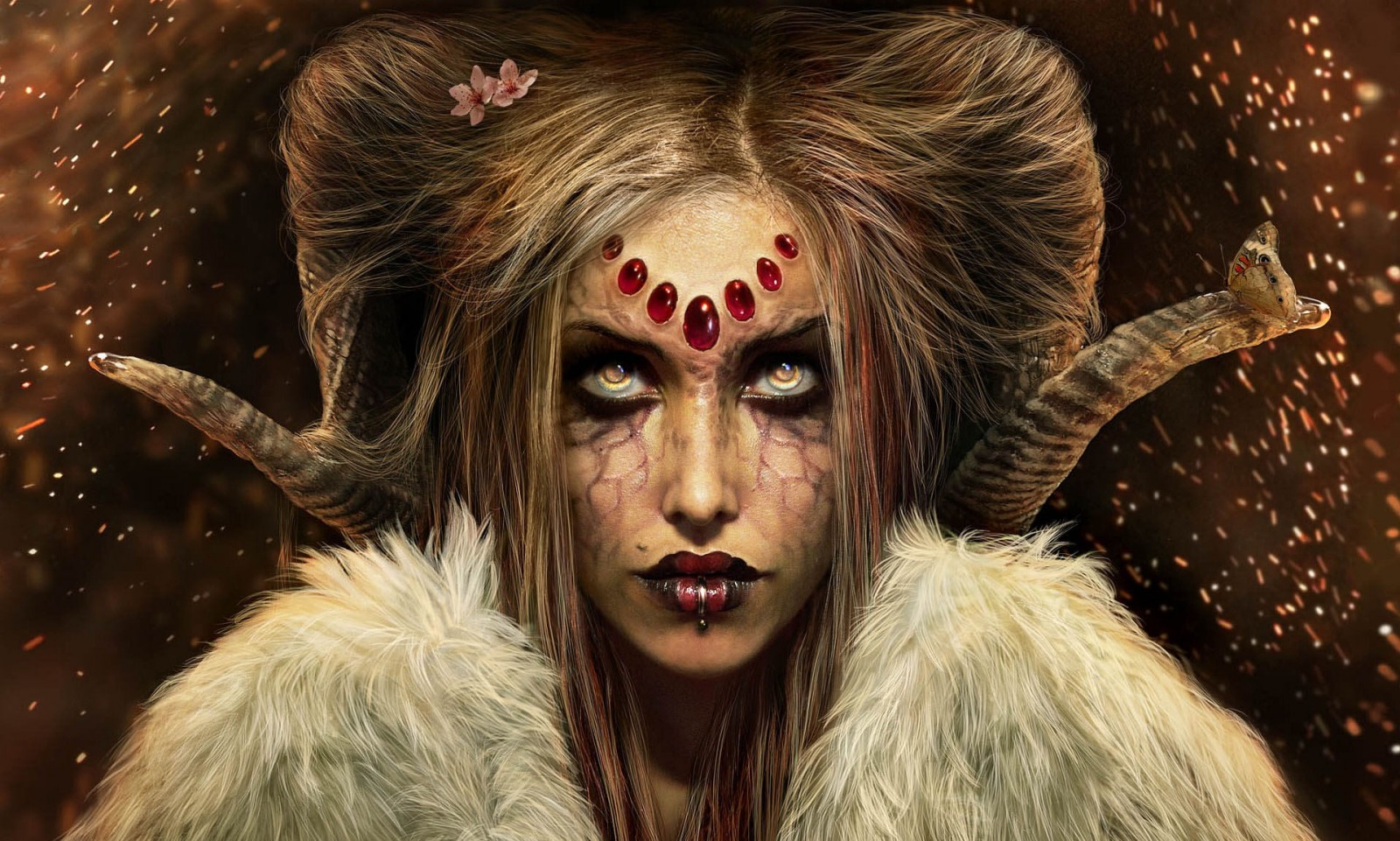 Fantasy art of a demoness with horns and gems HD Wallpaper