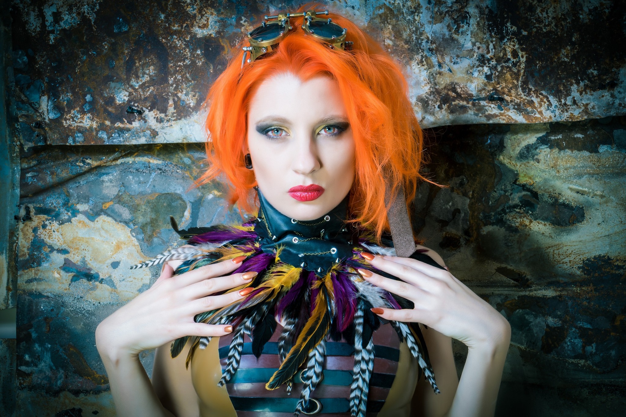 Woman with orange hair and steampunk goggles HD Wallpaper