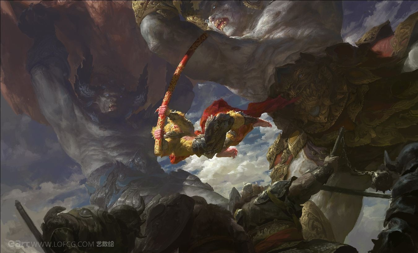 Sun Wukong fighting giants in a battle HD Wallpaper