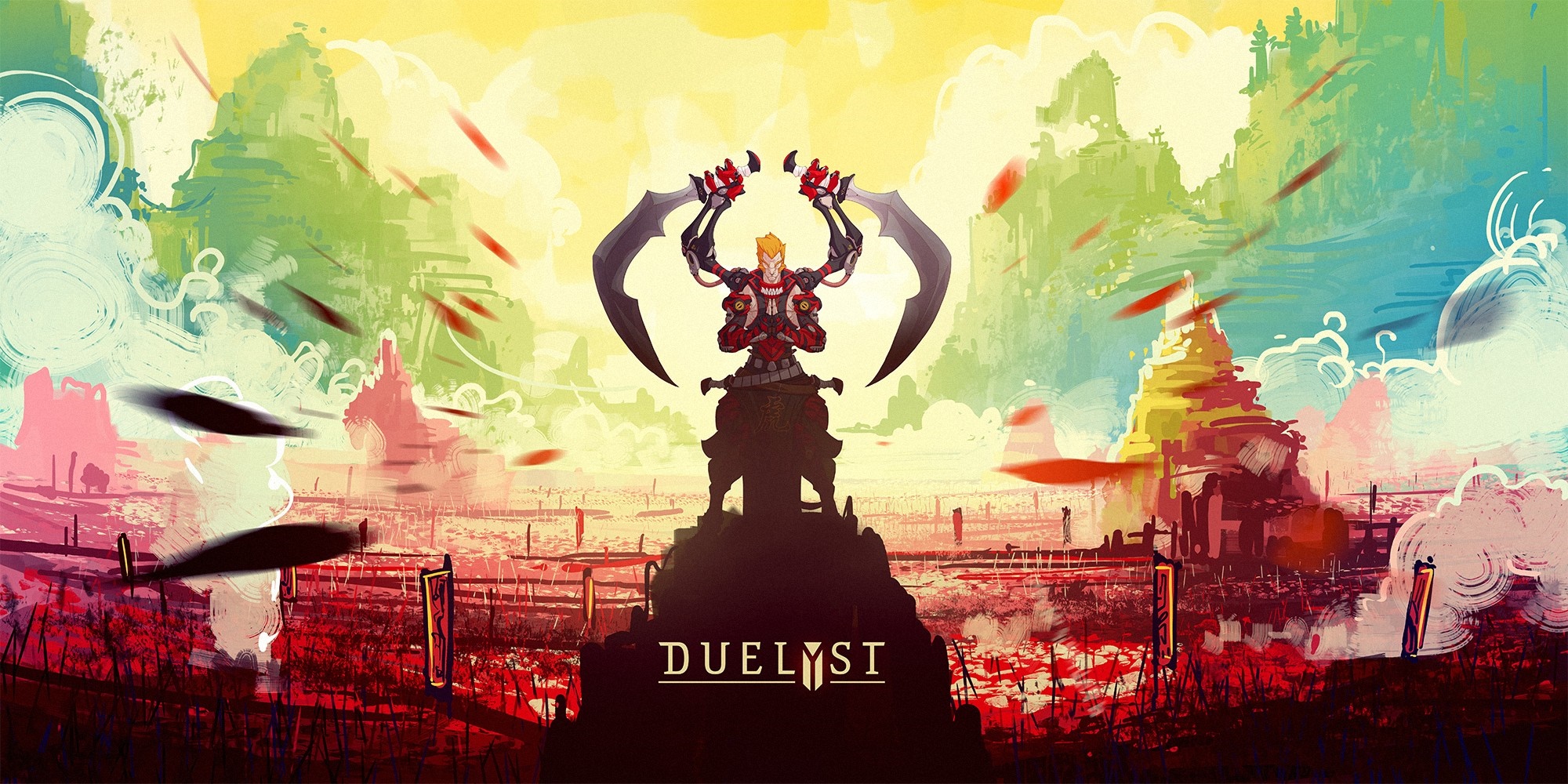 Duelyst character with swords on a pedestal HD Wallpaper