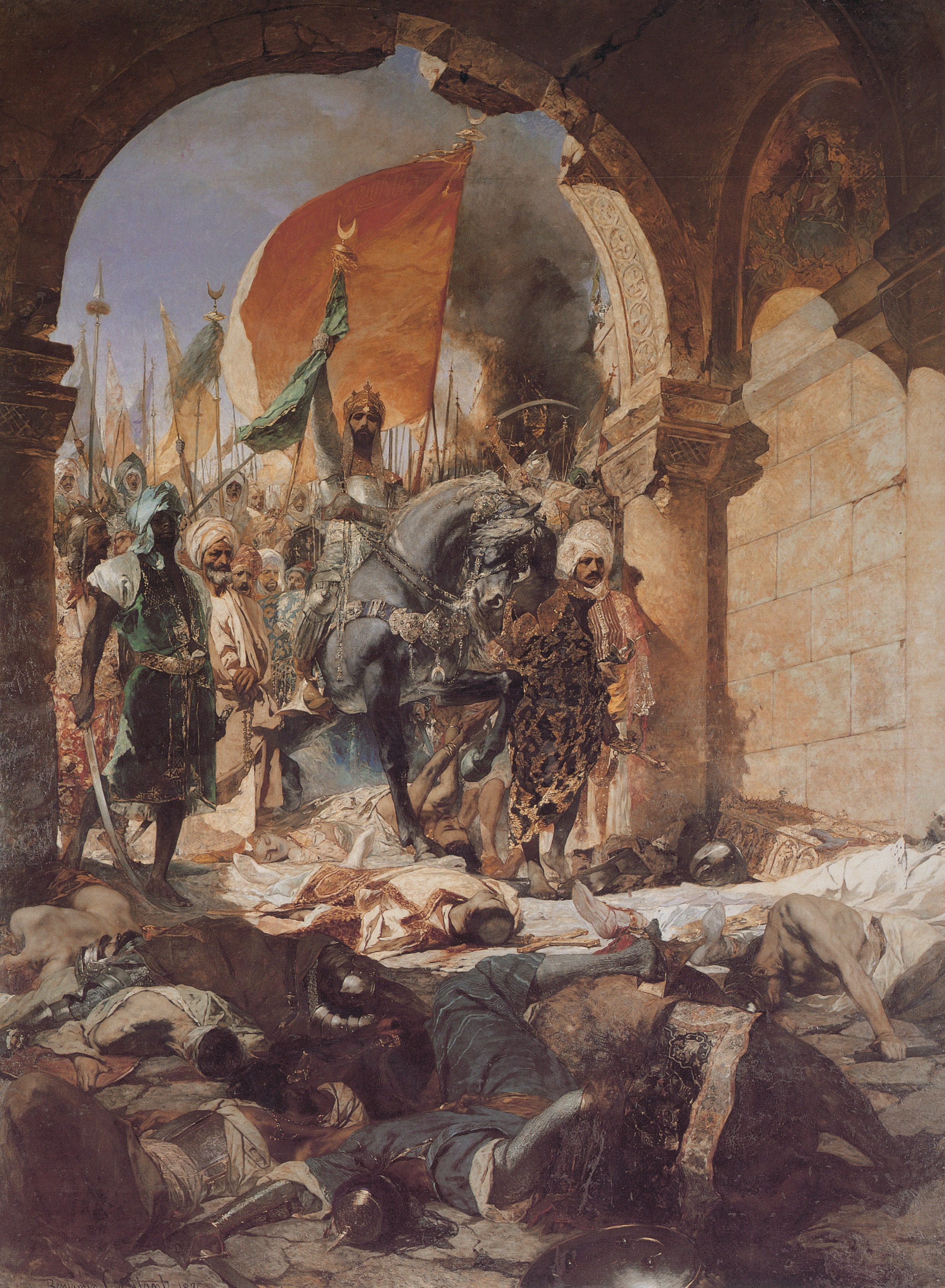Battle Scene with Victorious Leader on Horseback HD Wallpaper