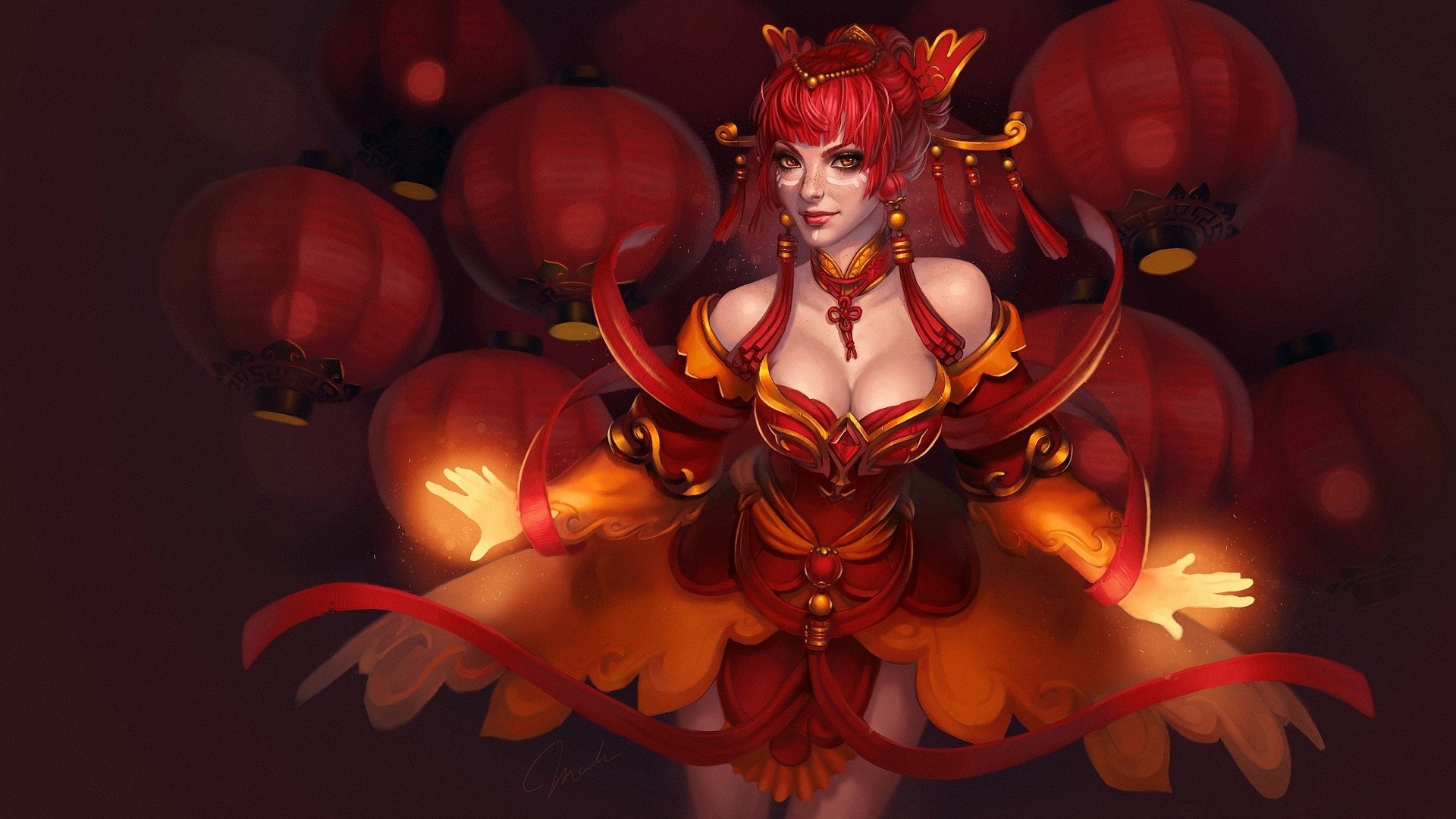 Lina from Dota 2 with red lanterns HD Wallpaper
