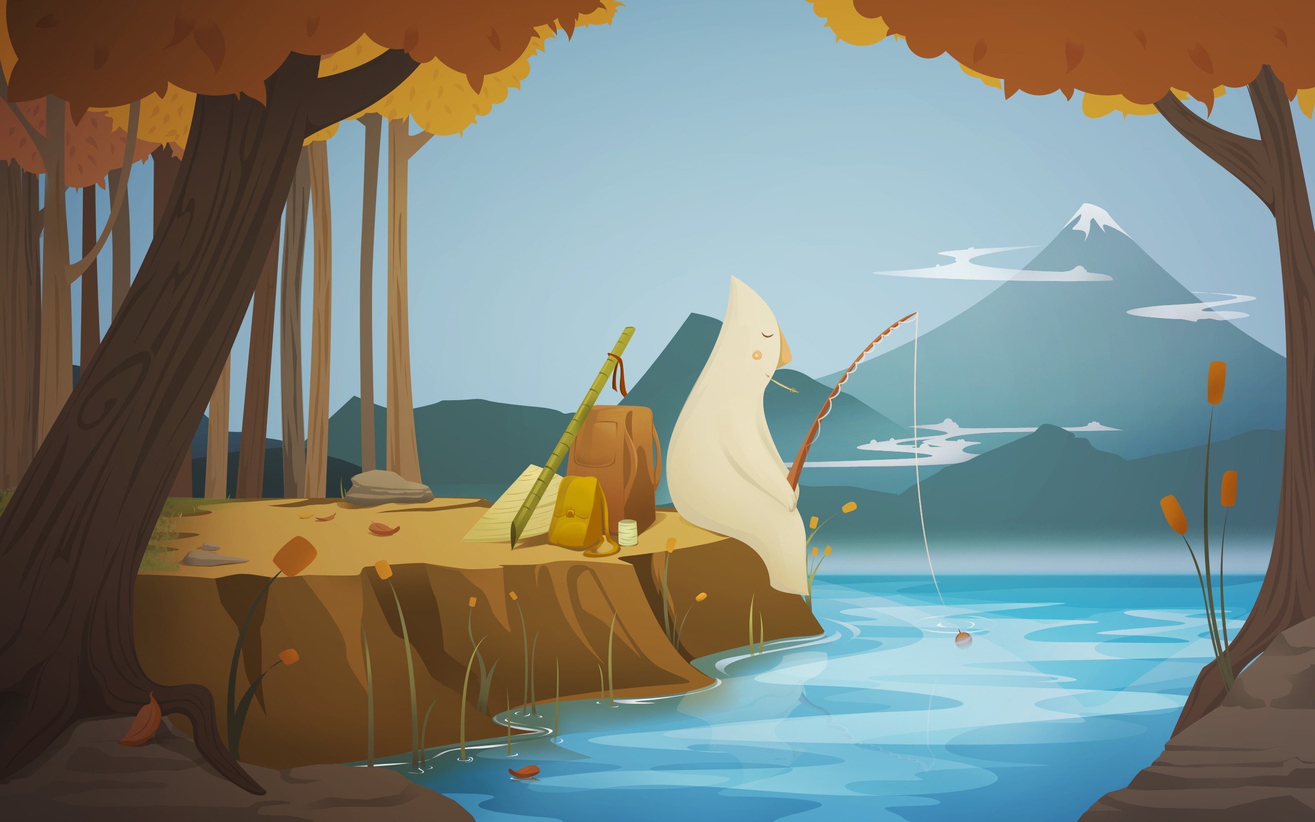 Ghost fishing by a lake with mountains in the background HD Wallpaper