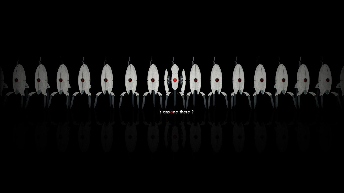 Turrets from Portal game with text "Is anyone there?" HD Wallpaper