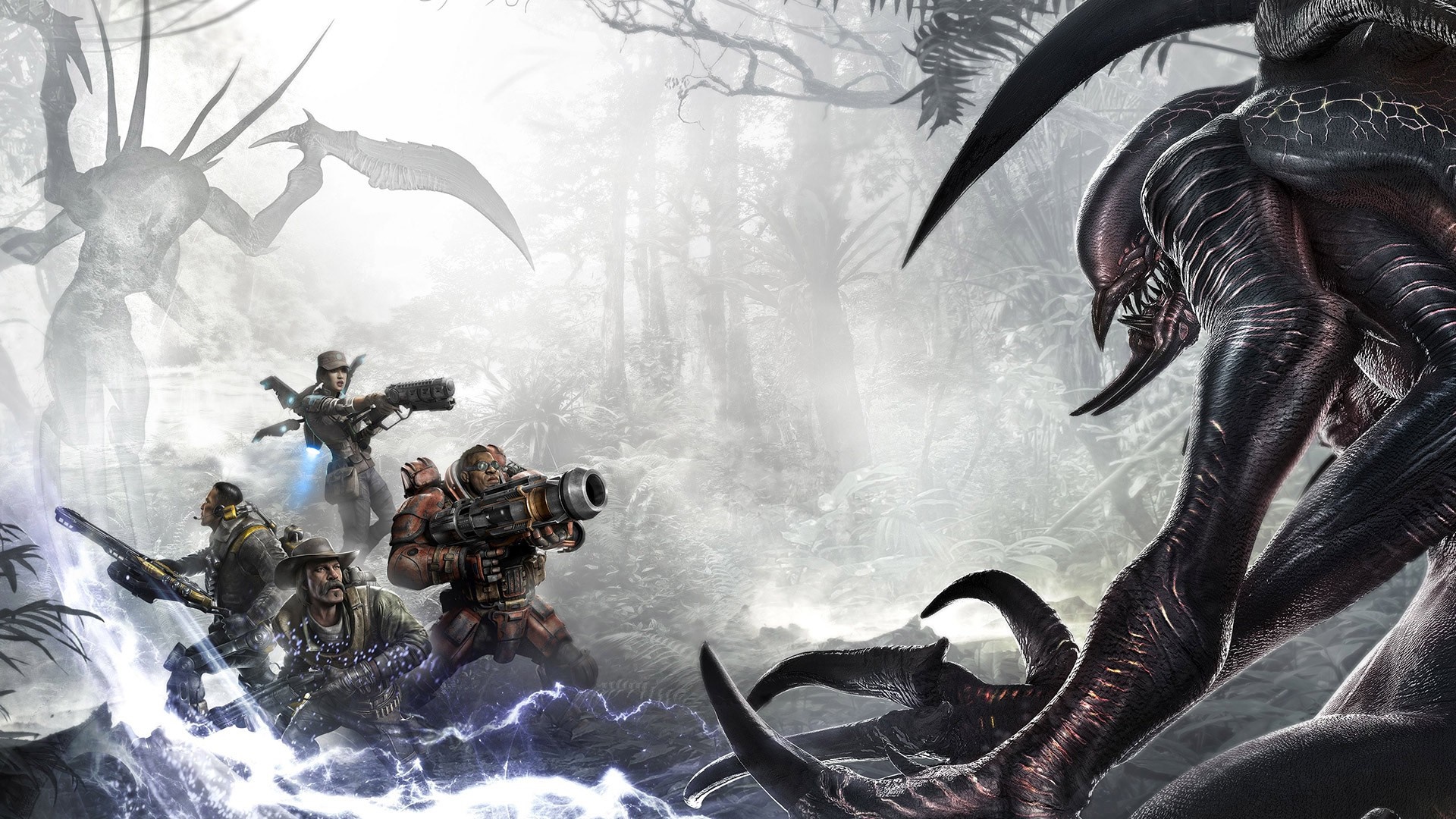 Evolve screenshot: Hunters fight a monster in a jungle HD Wallpaper