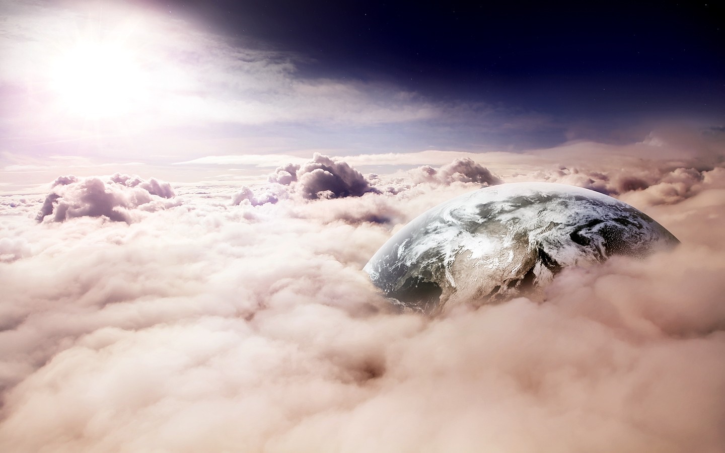 Earth partially submerged in clouds with sunlight HD Wallpaper