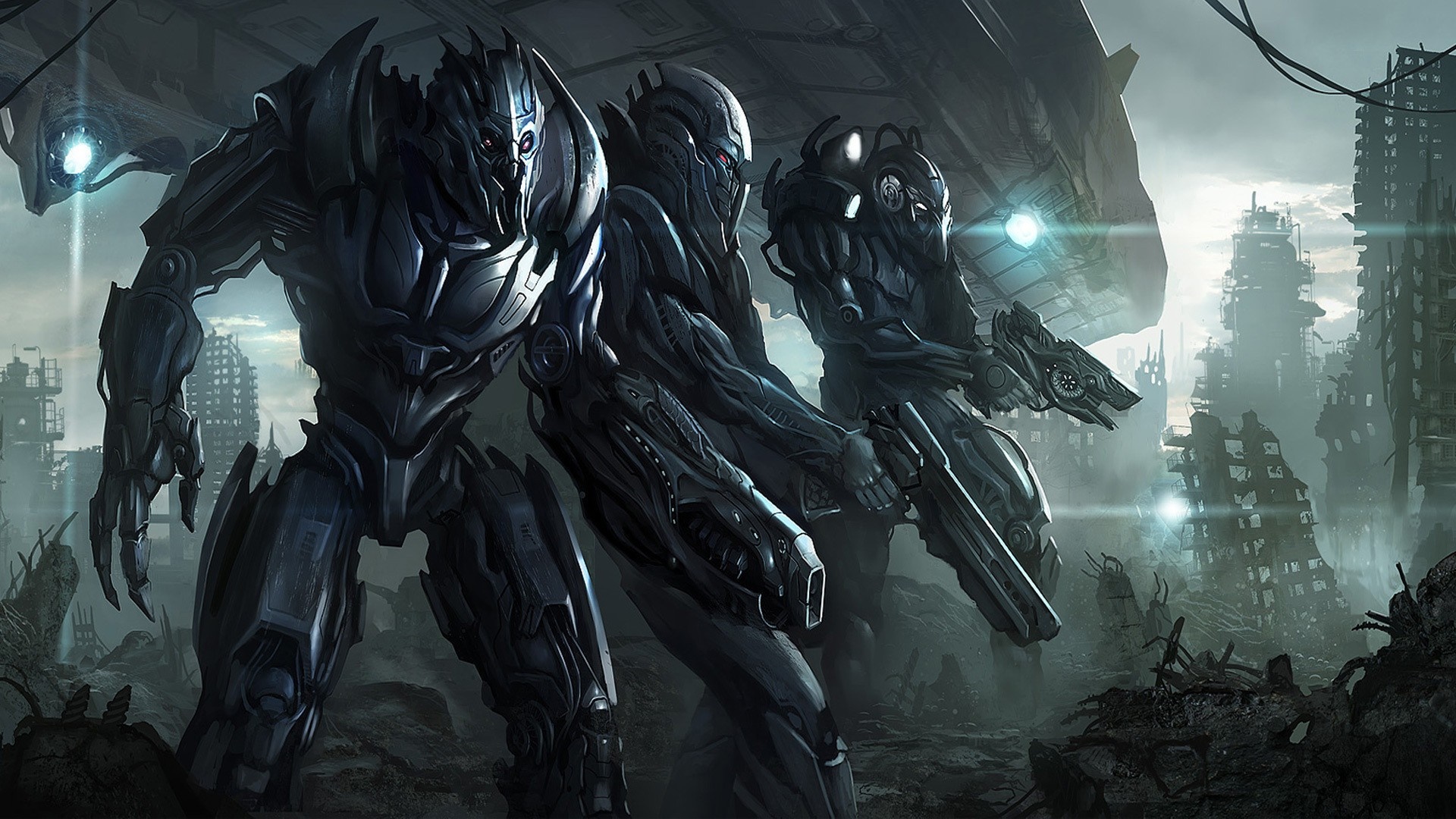 Three mechs in a ruined city HD Wallpaper