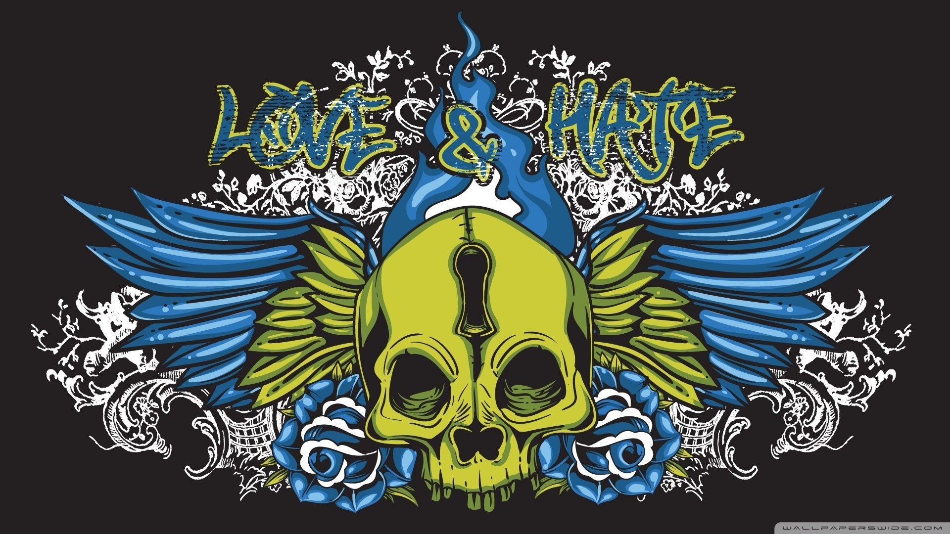 Love & Hate Skull with Wings and Roses HD Wallpaper