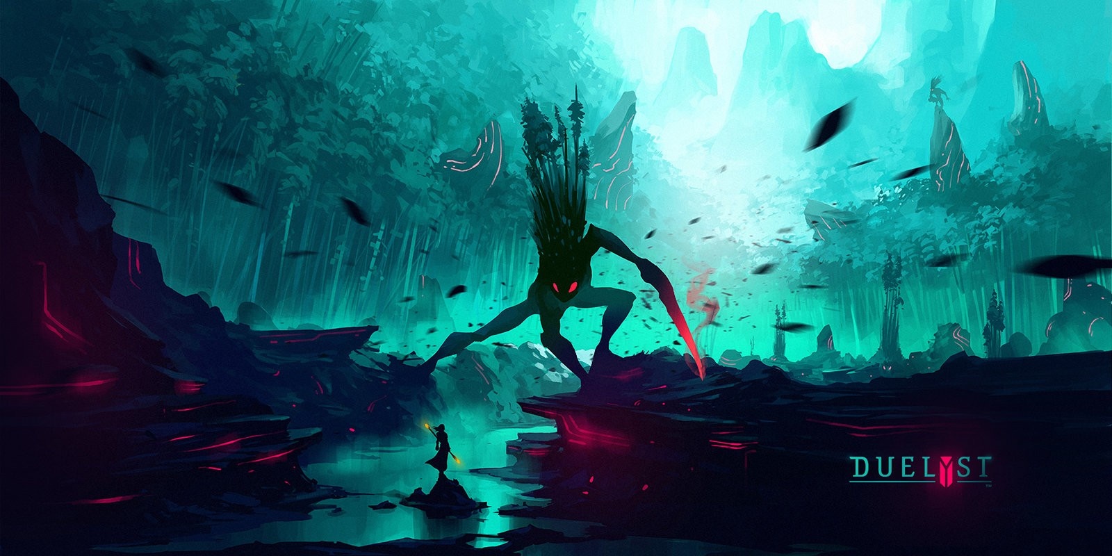 Duelyst artwork of a large creature fighting a small figure HD Wallpaper