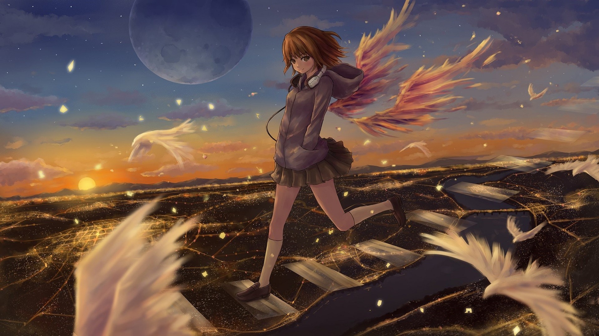 Anime girl with wings running over city at sunset HD Wallpaper