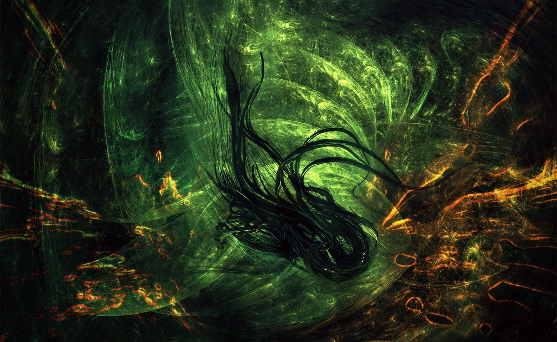 Abstract Green and Orange Fractal Forest HD Wallpaper