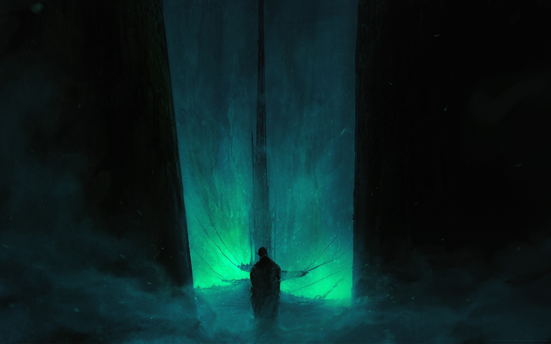 Figure in a glowing green ice cave HD Wallpaper