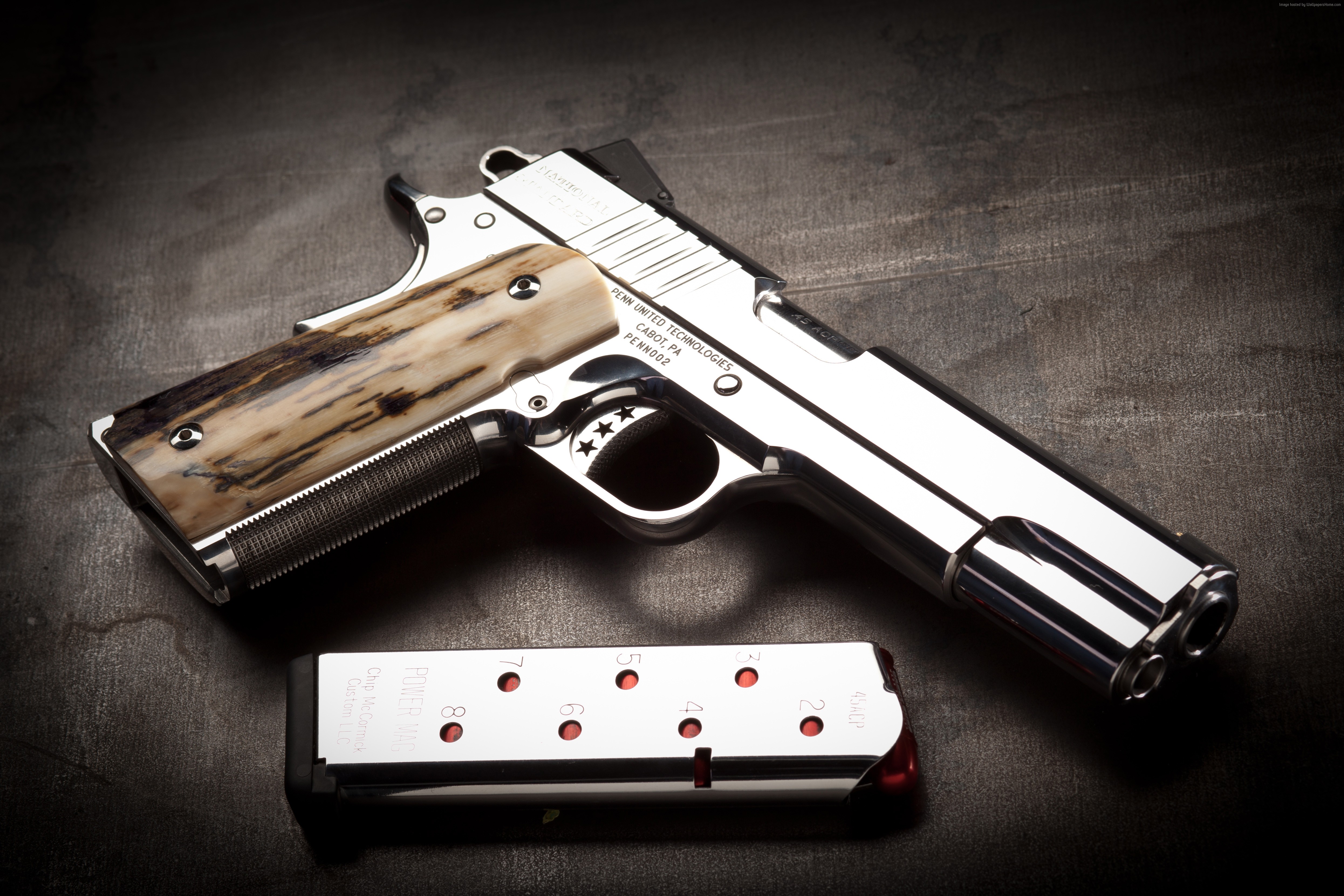 Silver Cabot 1911 pistol with magazine HD Wallpaper