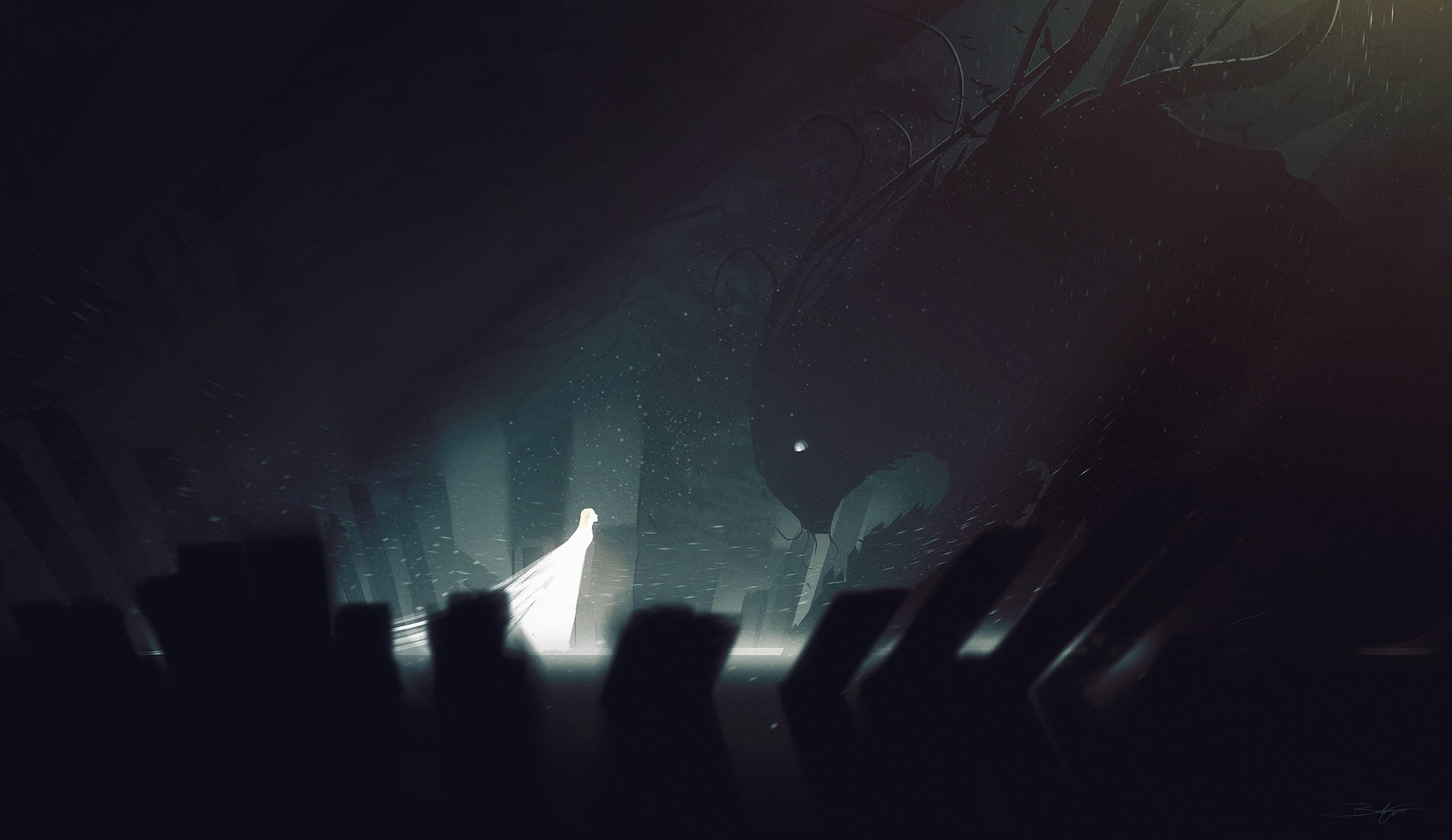A glowing figure walks in a dark, mysterious environment HD Wallpaper