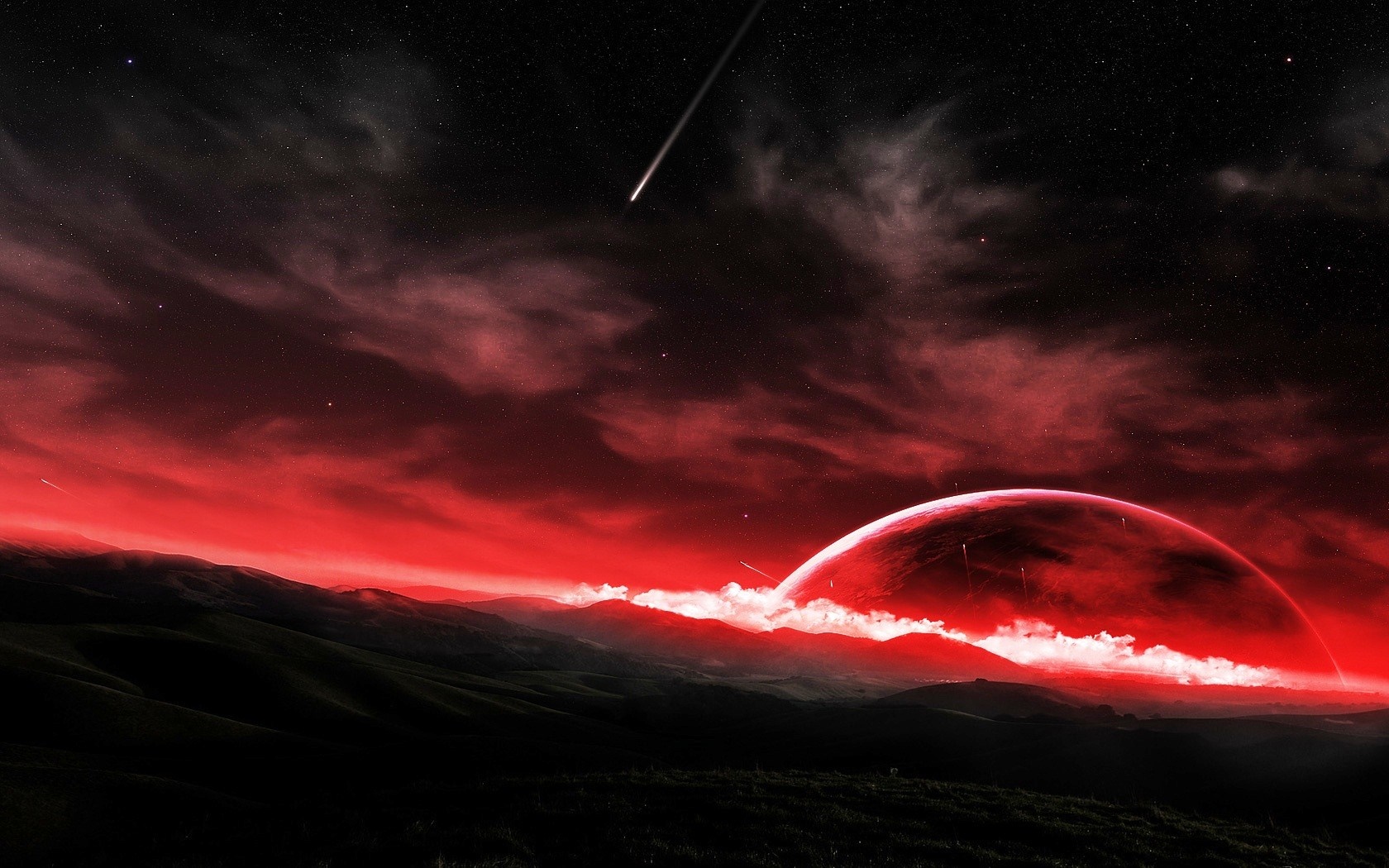 Red planet and shooting star in dark sky HD Wallpaper