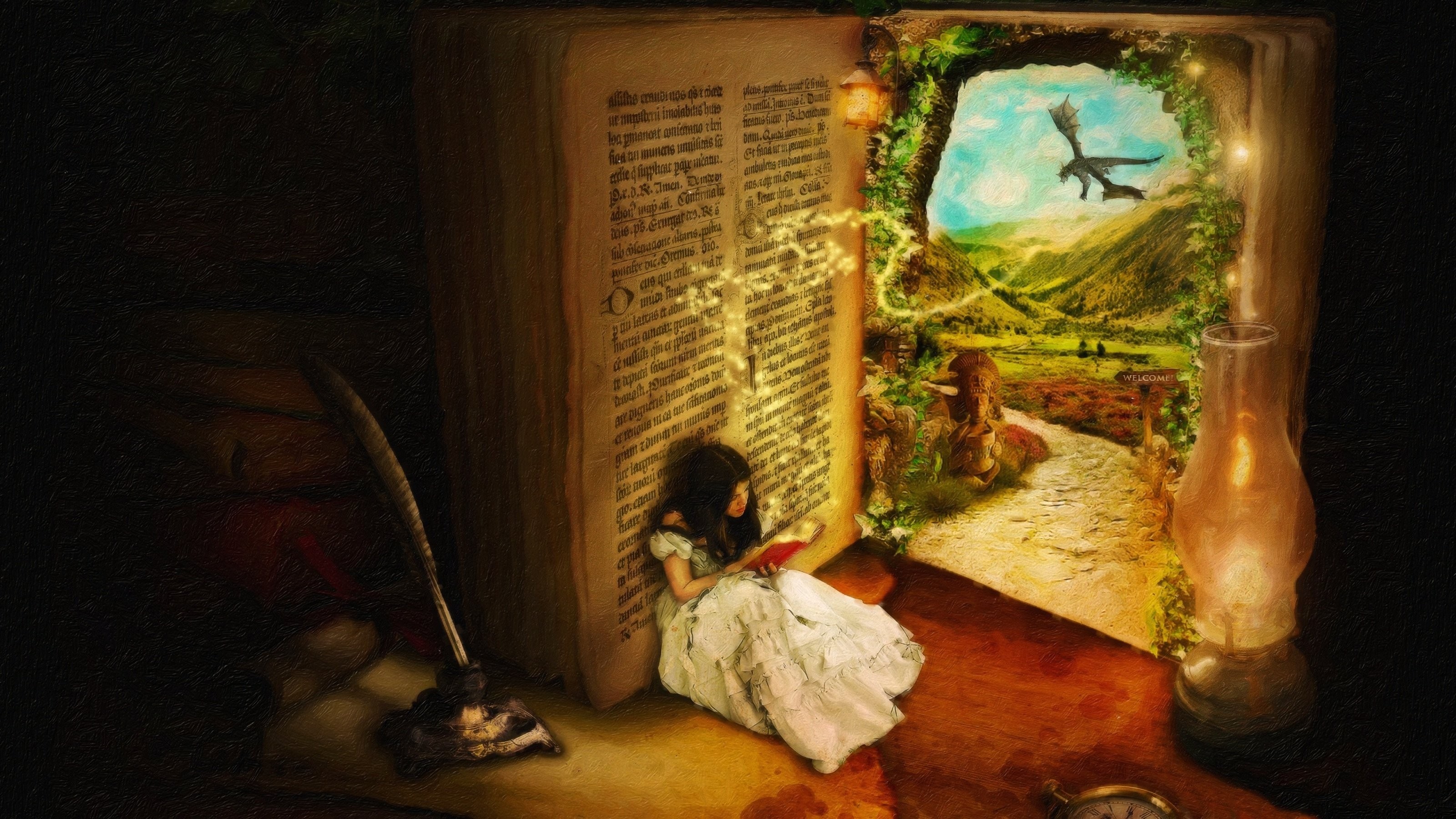 Fantasy art of a girl reading a book with a dragon flying HD Wallpaper