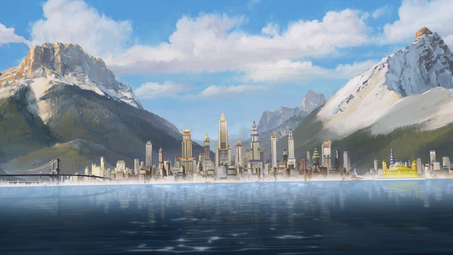 Republic City cityscape with mountains and water HD Wallpaper