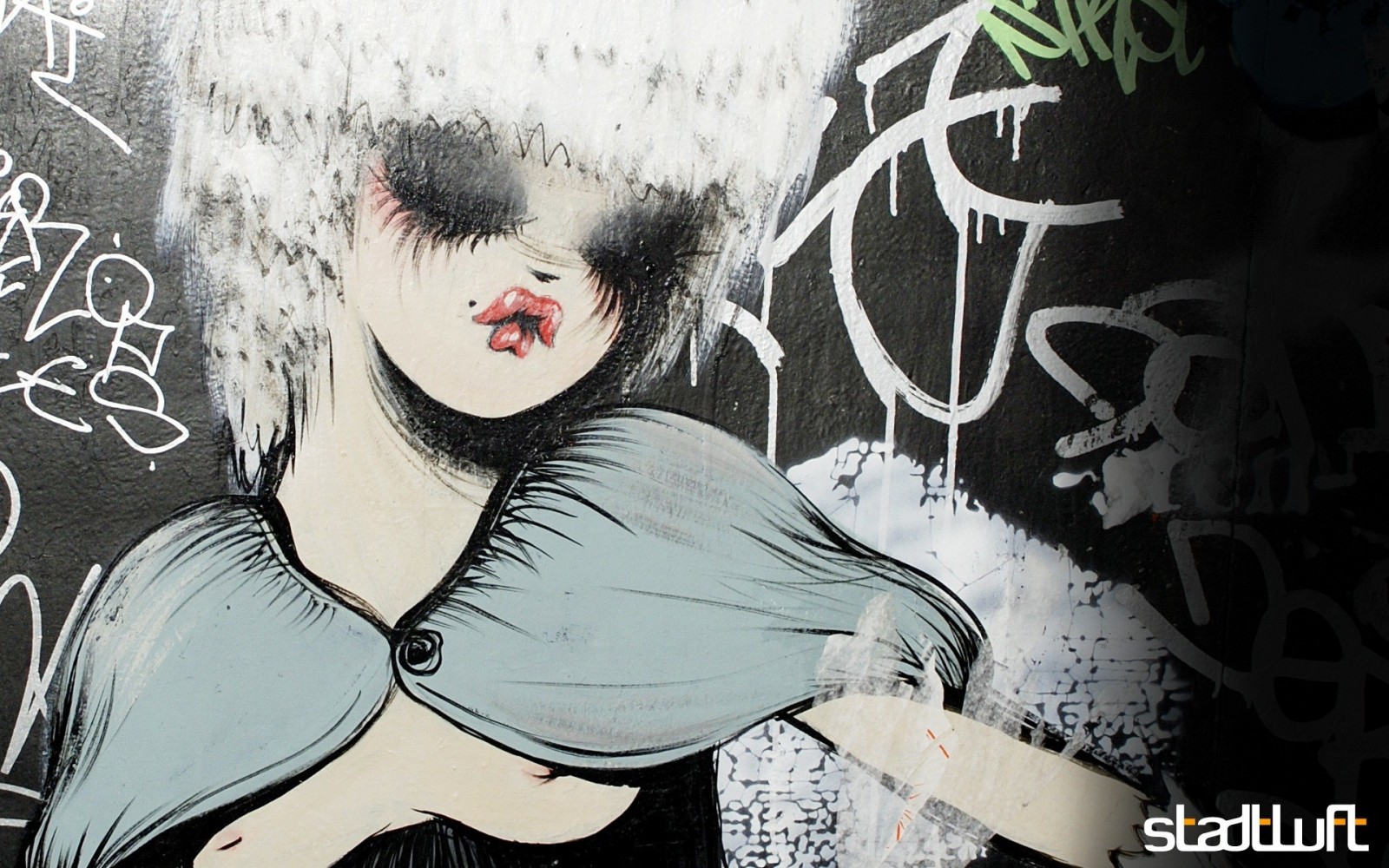 Graffiti illustration of a woman with white hair and red lips HD Wallpaper