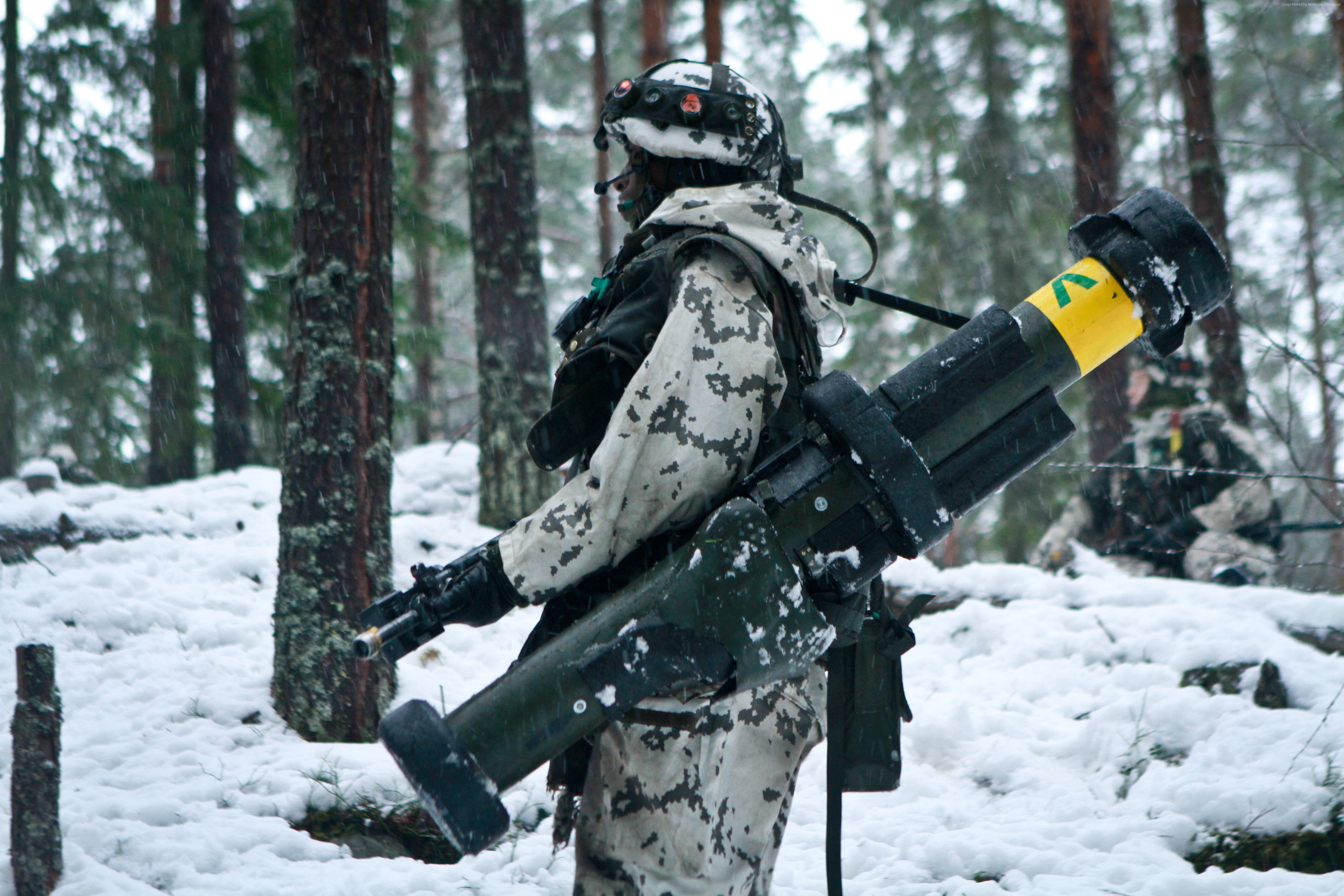 army, Finnish Defence Forces, winter, rocket launcher, snow, camo, soldier HD Wallpaper