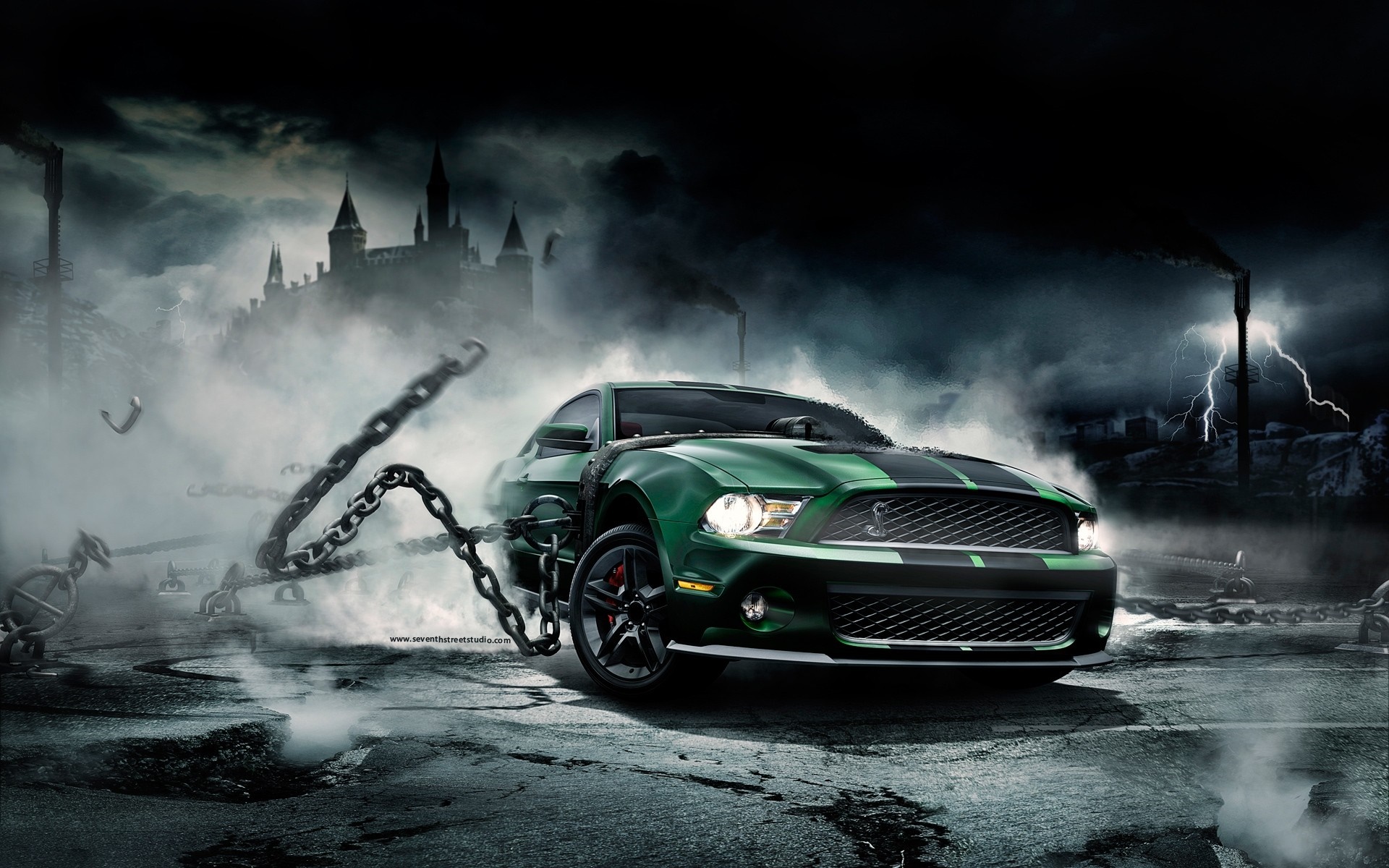 Green Ford Mustang with chains and castle background HD Wallpaper