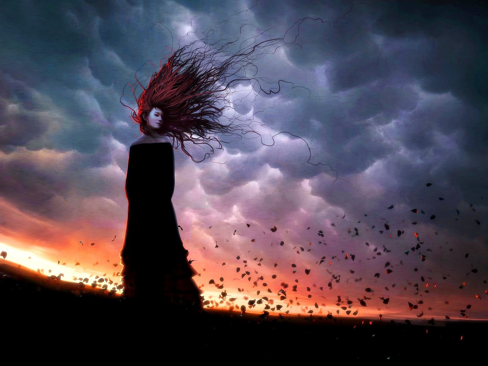 Redhead woman in black dress against stormy sunset HD Wallpaper