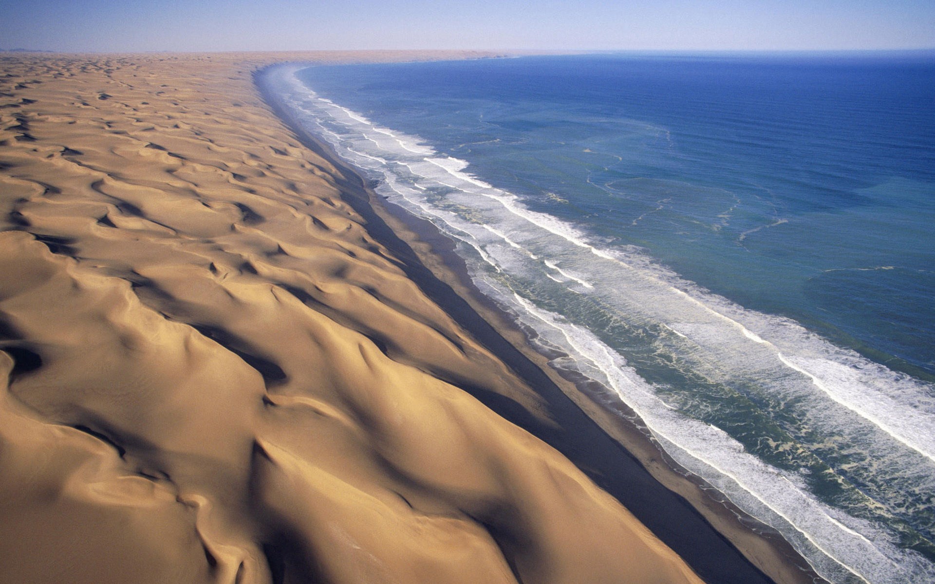 Aerial view of sand dunes meeting the ocean HD Wallpaper