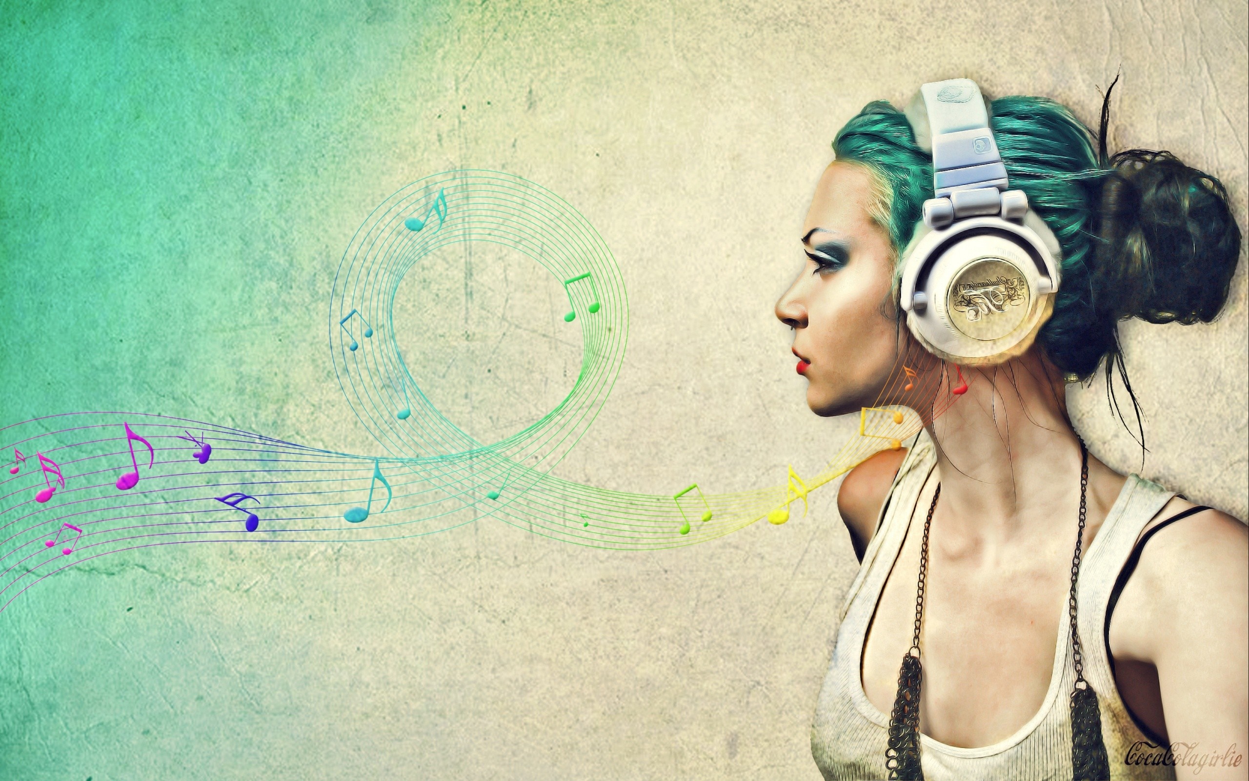 Woman with headphones listening to music with colorful notes HD Wallpaper