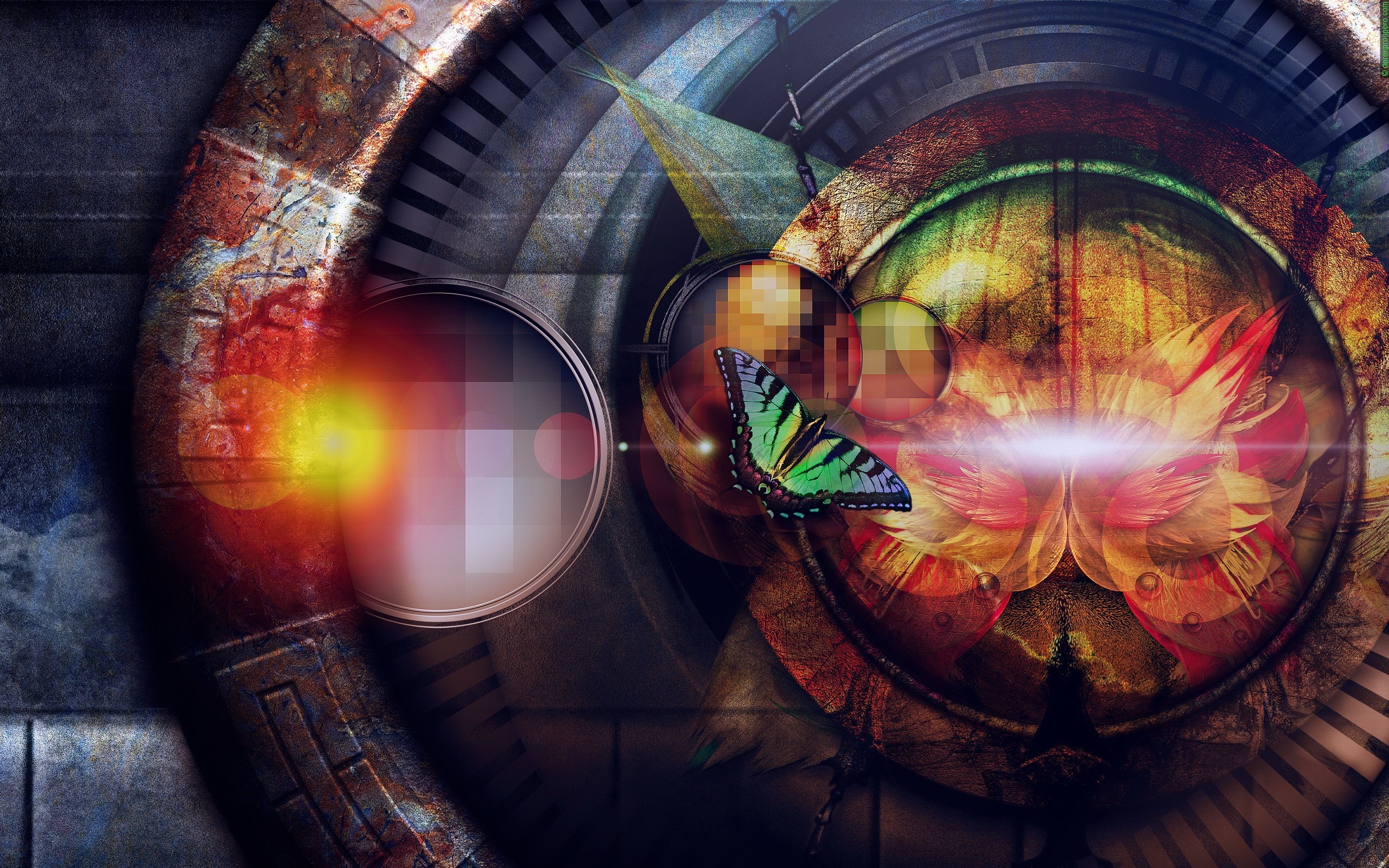 Abstract digital art with butterfly and clockwork elements HD Wallpaper