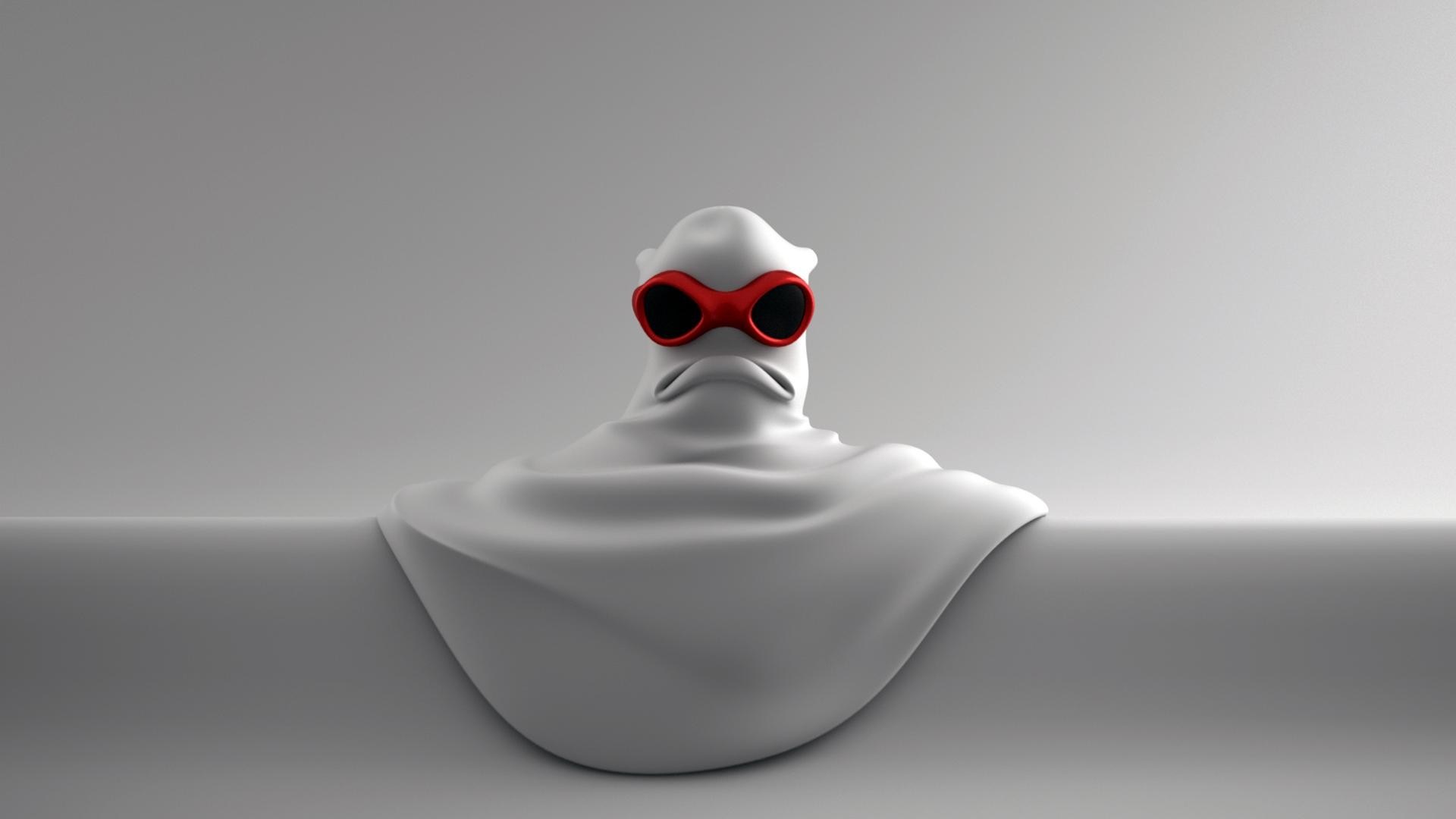 White character with red goggles on a gray surface HD Wallpaper