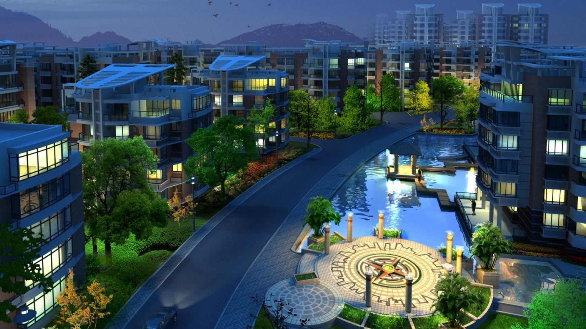 Modern apartment complex with water features and a compass design HD Wallpaper