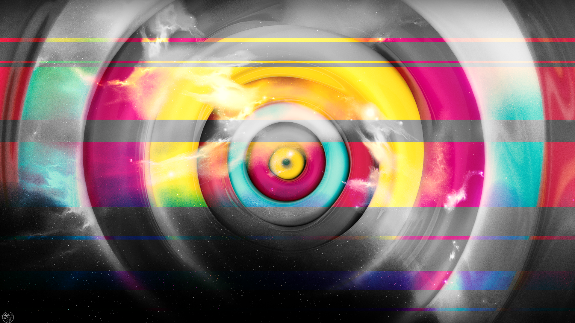 Abstract concentric circles with colorful nebula and glitch effect HD Wallpaper