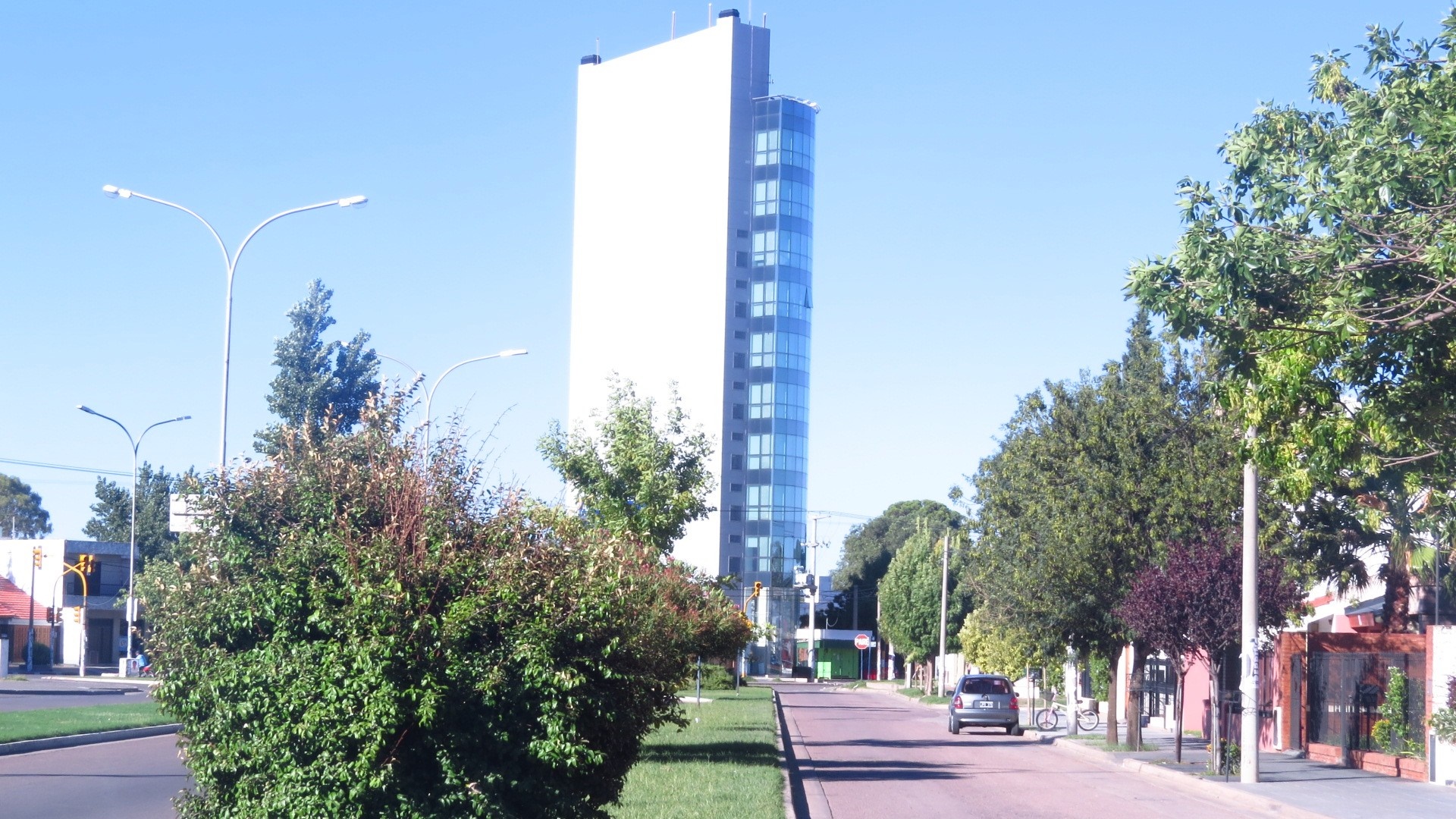Modern glass tower building on a city street with trees HD Wallpaper