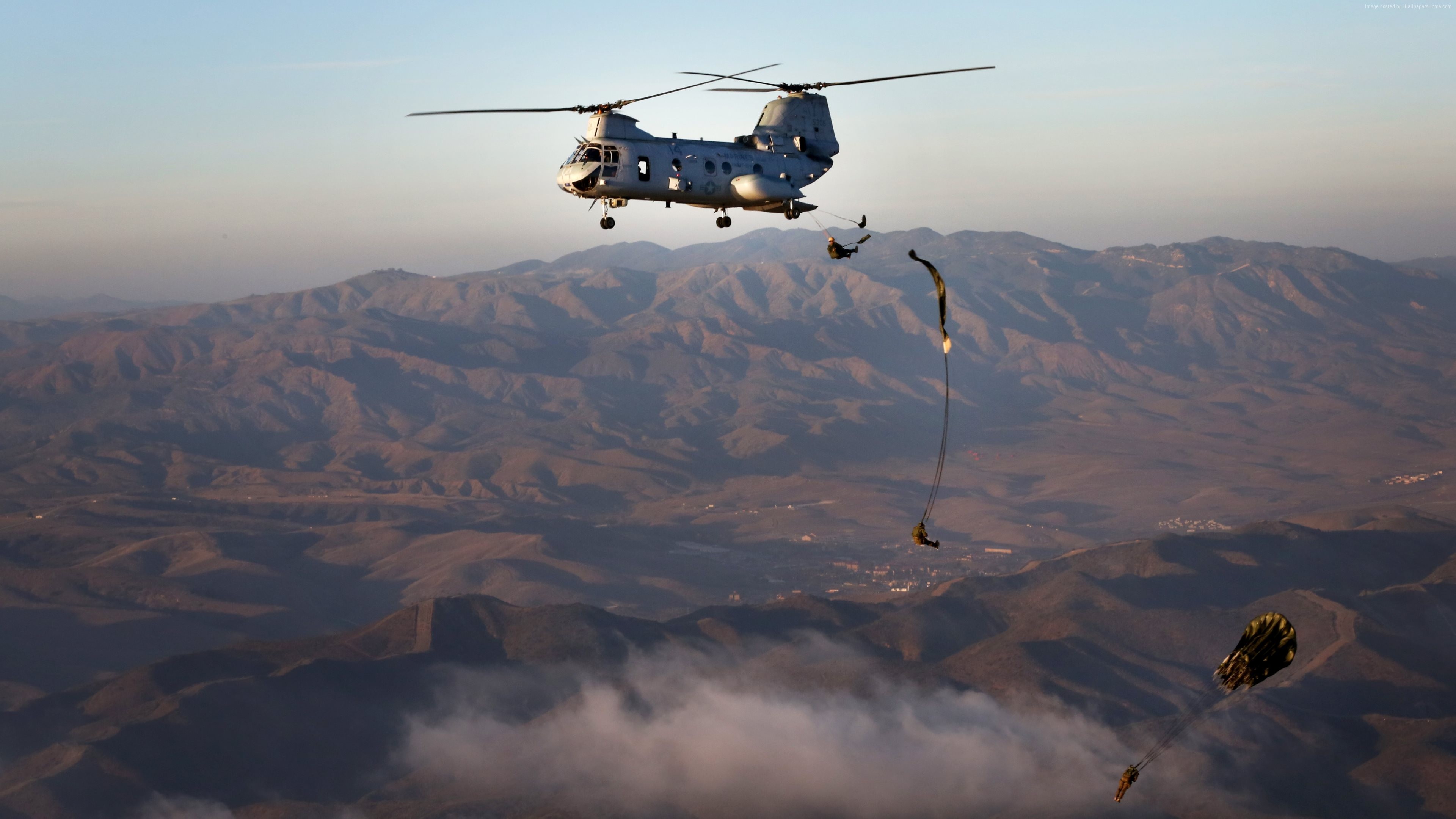 U.S. Marines rappelling from a CH-46 Sea Knight helicopter HD Wallpaper