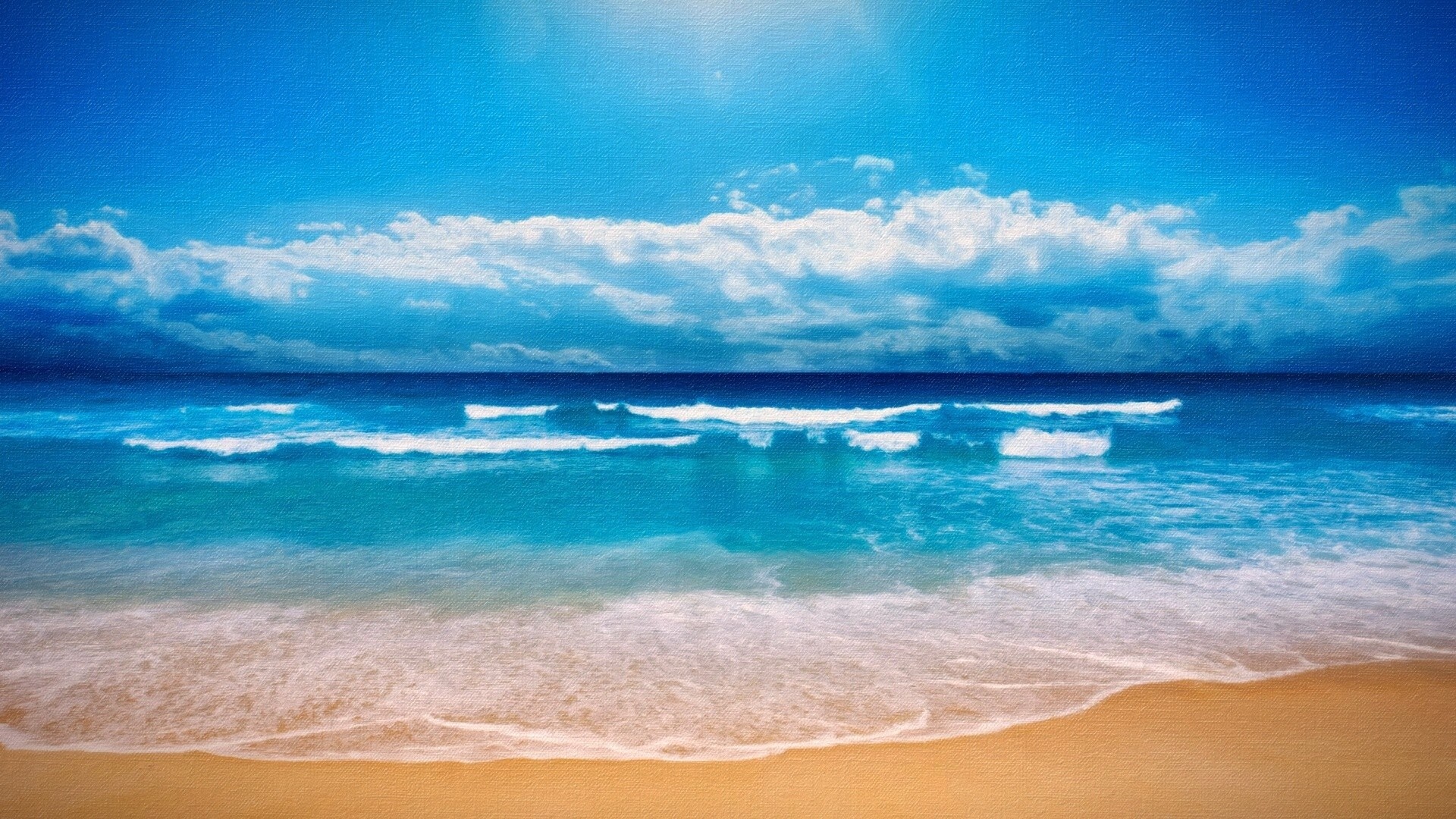 Ocean waves crashing on a sandy beach under a blue sky with clouds HD Wallpaper