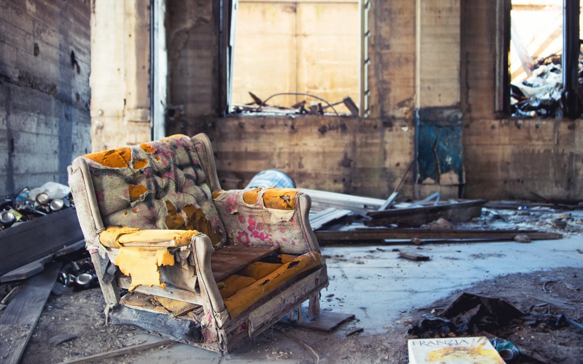Abandoned armchair in a ruined building HD Wallpaper